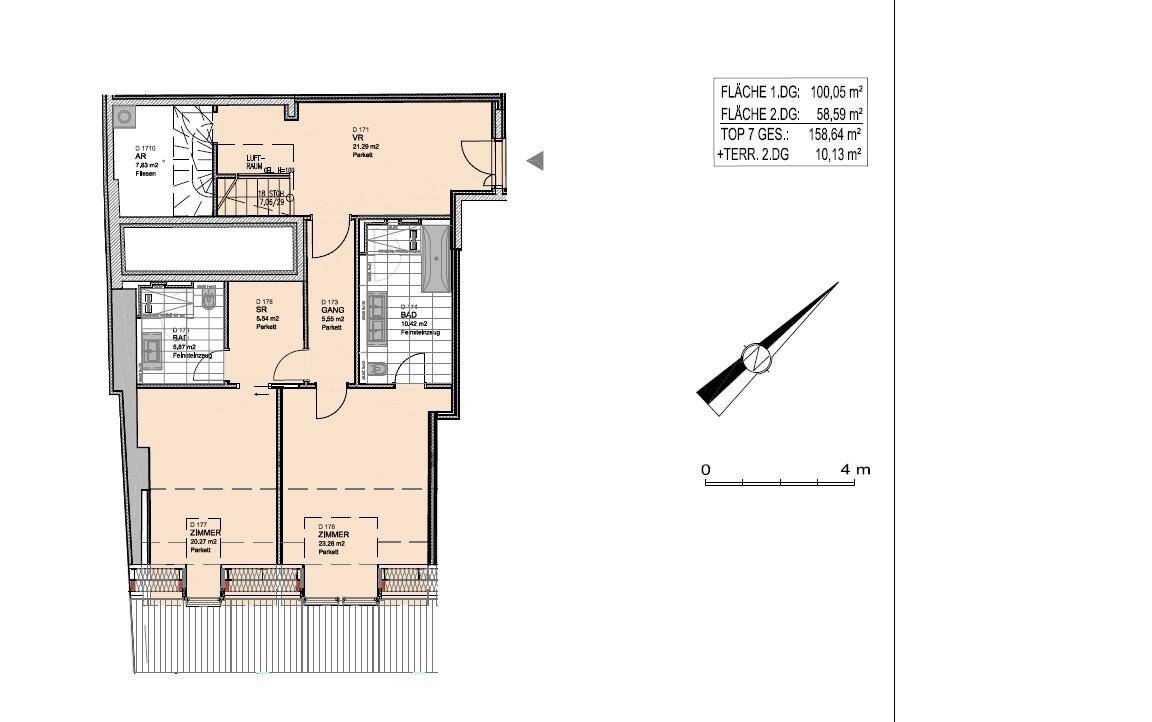 Grundrissplan zeigt zwei Dachgeschosse mit Zimmern, Bädern und einer Terrasse.