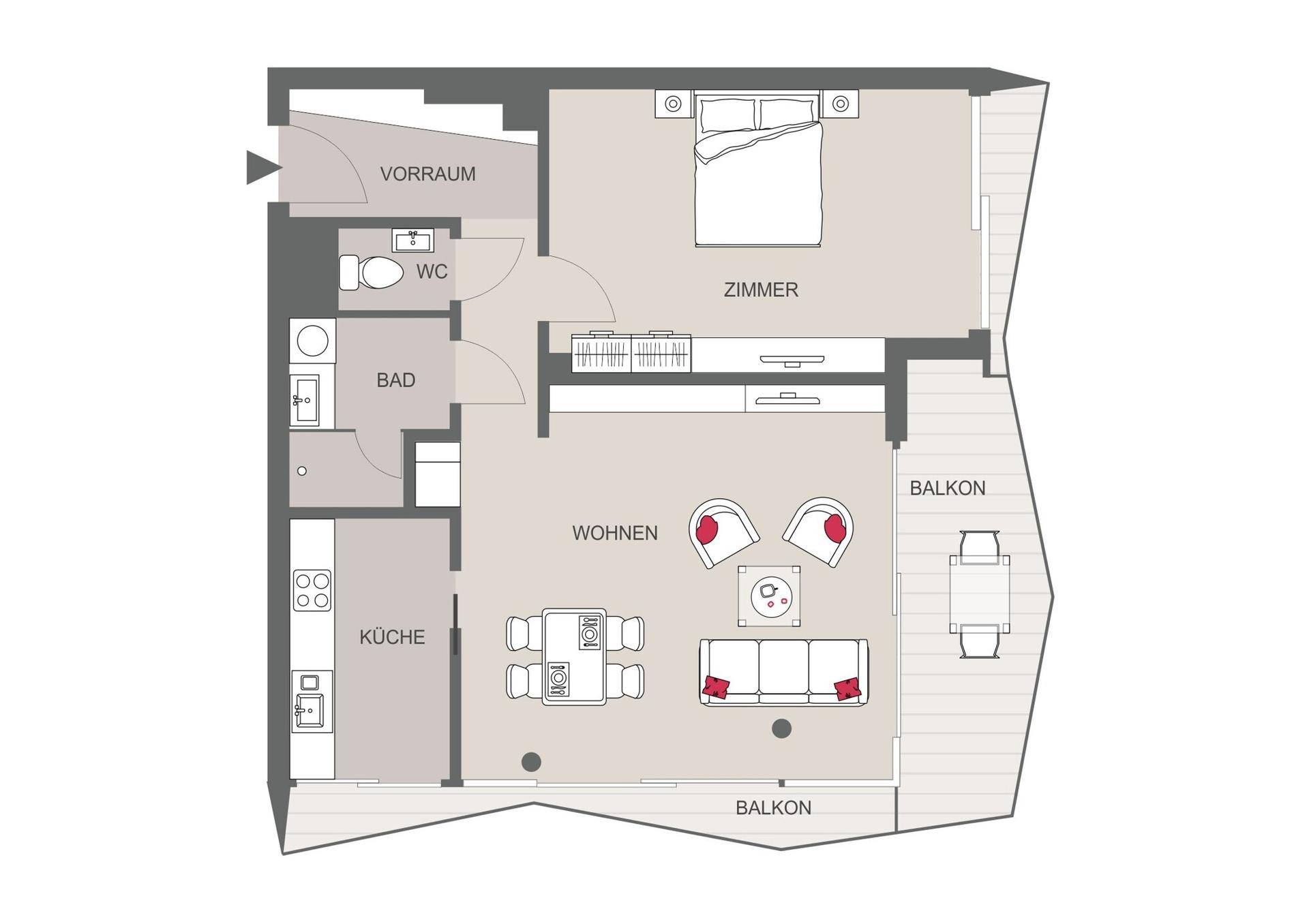 Grundriss einer Wohnung mit zwei Balkonen, einem Schlafzimmer und offenem Wohnbereich.