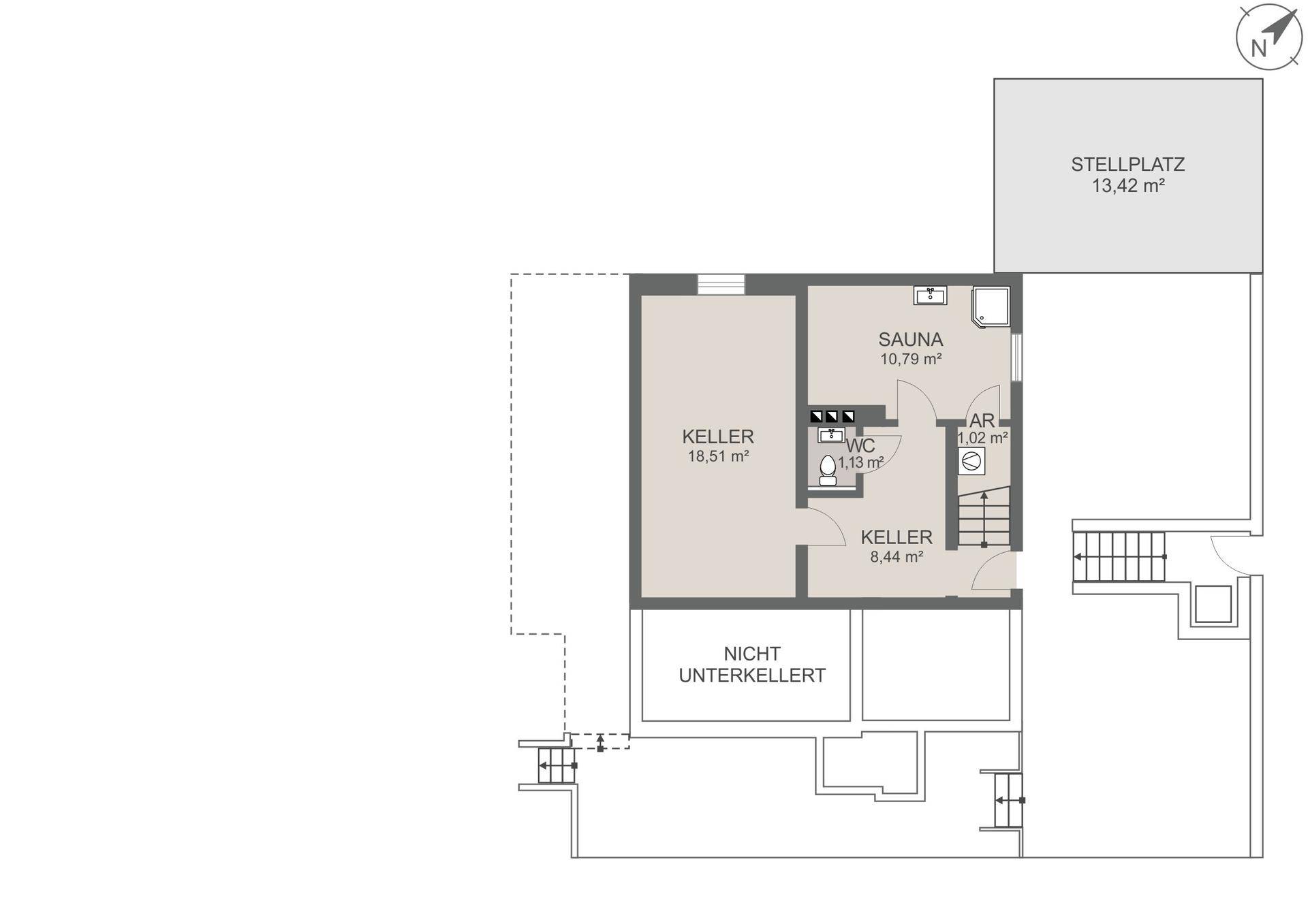 Grundriss des Kellergeschosses mit Sauna, WC und Abstellräumen.
