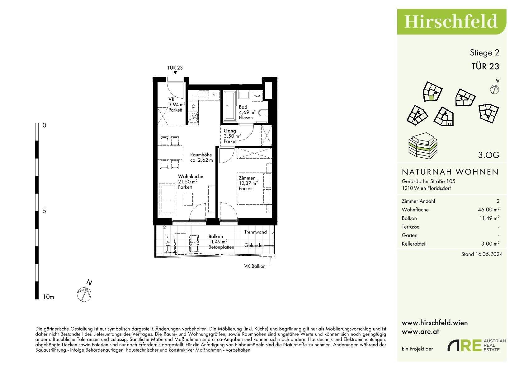 Grundriss einer Wohnung mit Wohnküche, Schlafzimmer, Bad, separatem WC und Balkon.