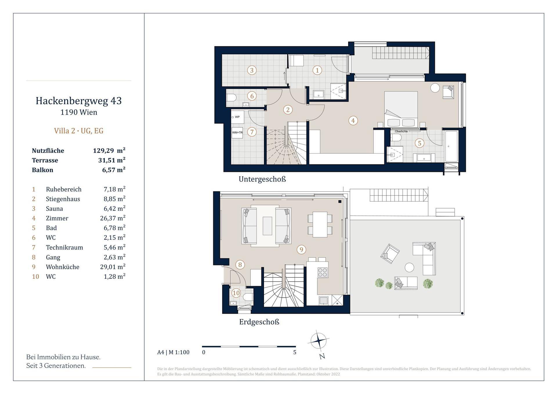 Grundriss der Villa 2 mit Untergeschoss und Erdgeschoss, inklusive Sauna und Terrasse.
