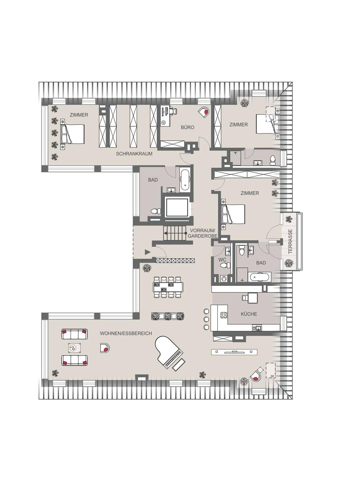 Detaillierter Grundriss einer Wohnung mit offenem Wohn-Essbereich, mehreren Zimmern, Bädern und einer großen Terrasse.