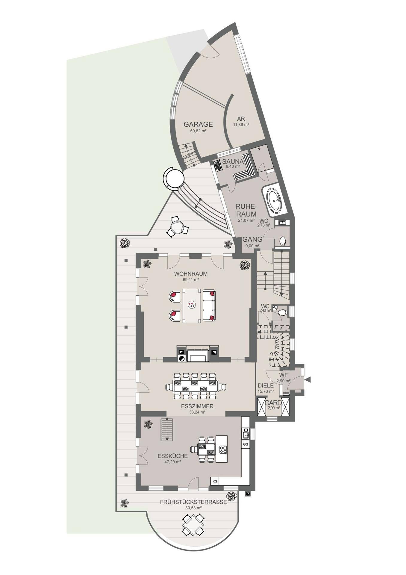 Grundriss des Erdgeschosses mit Wohnzimmer, Esszimmer, Küche und Wellnessbereich.