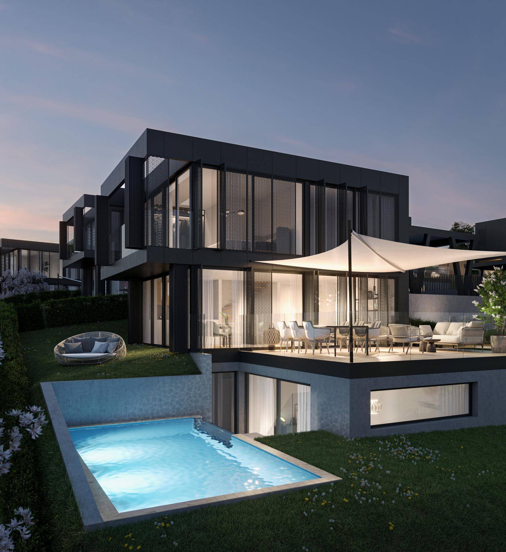 Moderne Villa mit großer Terrasse, Essbereich im Freien und privatem Pool an einem sonnigen Tag.