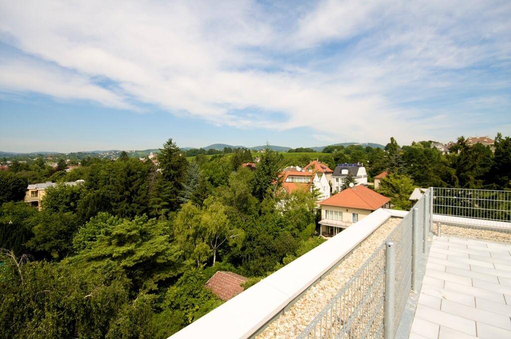 Weitläufiger Ausblick von der Dachterrasse auf grüne Bäume, Wohnsiedlungen und eine hügelige Landschaft.