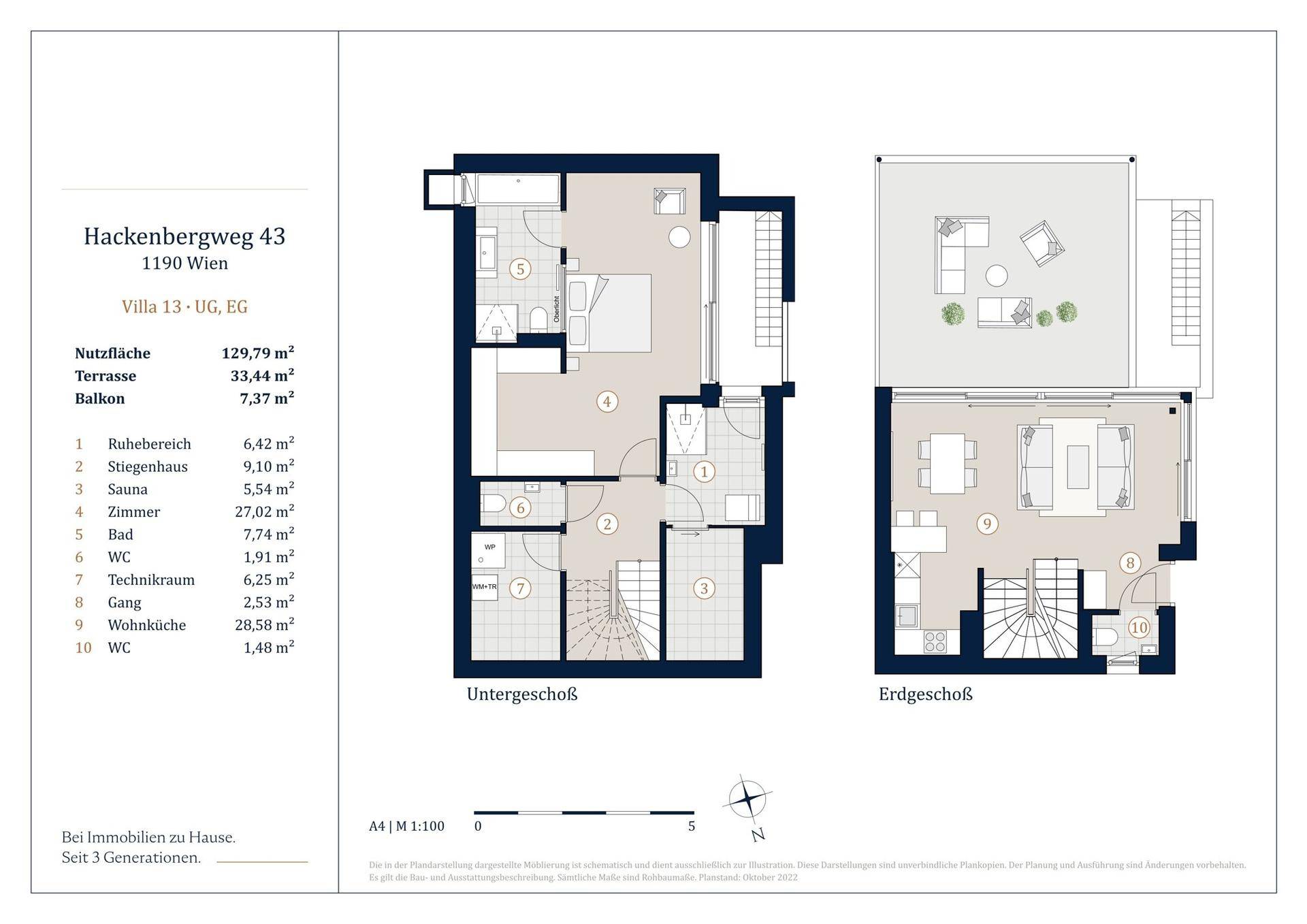 Grundriss von Unter- und Erdgeschoss der Villa 13 mit Sauna, Wohnküche und weiteren Räumen.