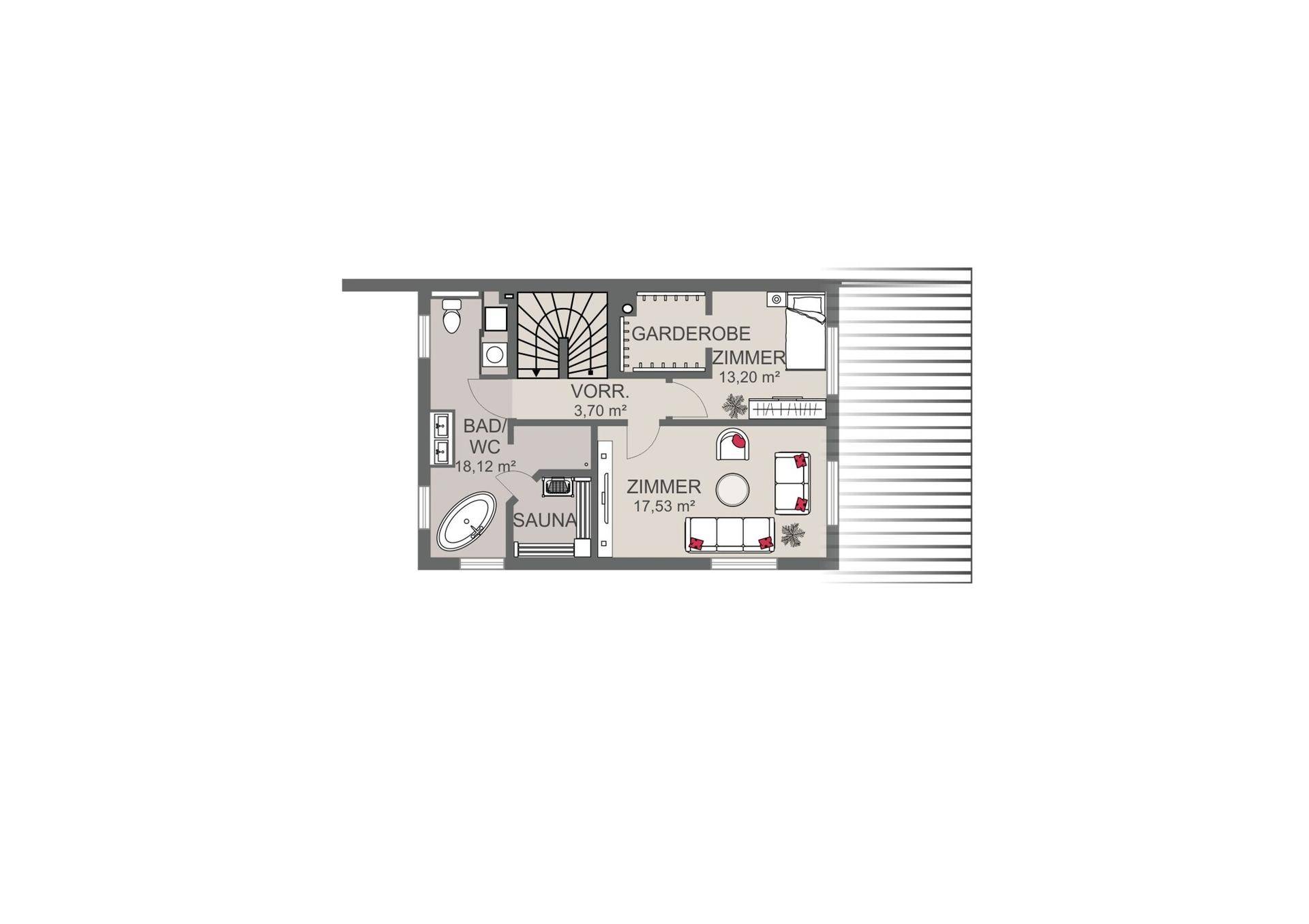 Grundriss des Obergeschosses mit Bad, Sauna, Zimmern und Garderobe.