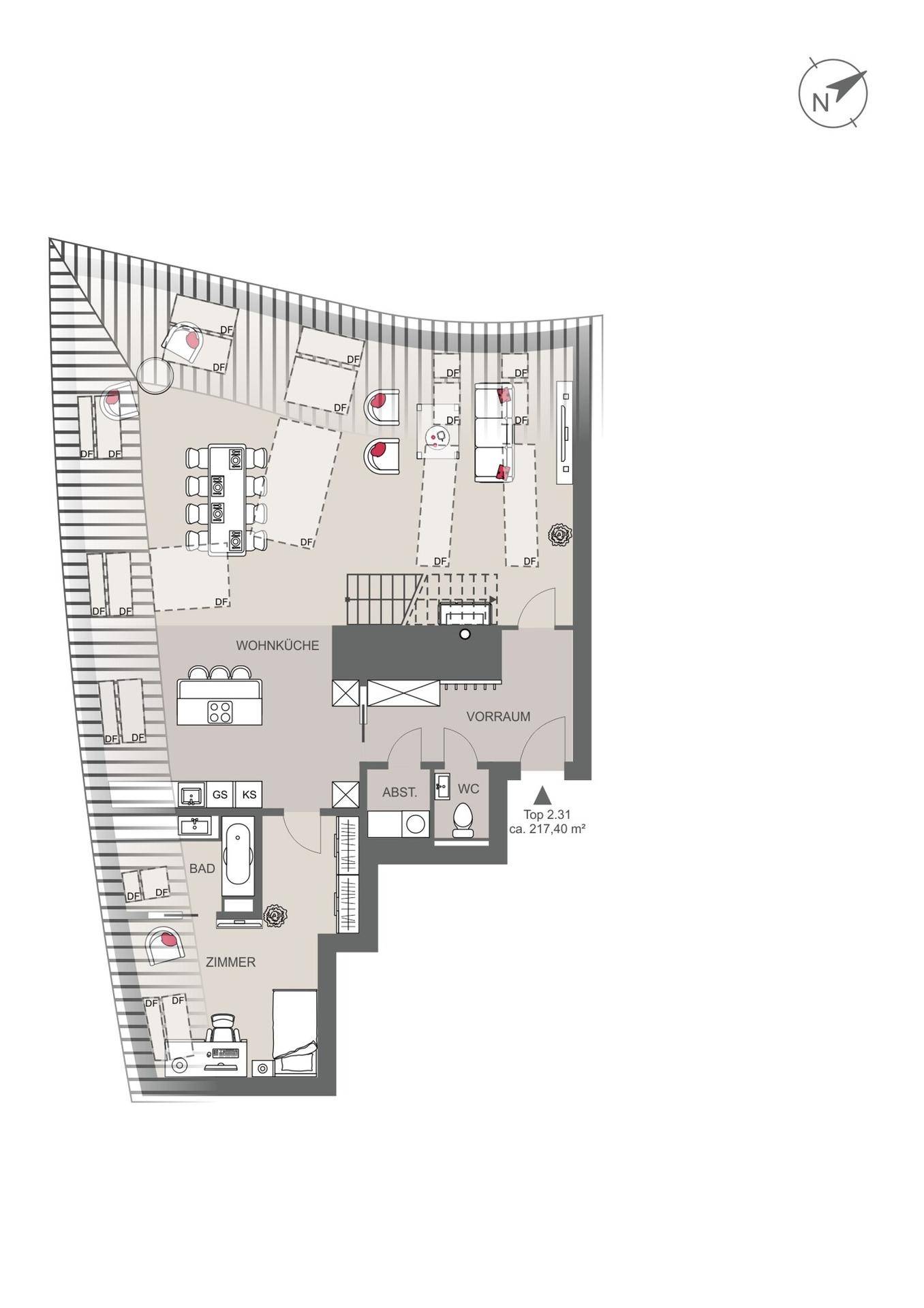 Grundriss der unteren Ebene mit offener Wohnküche, Schlafzimmer und großzügiger Terrasse.