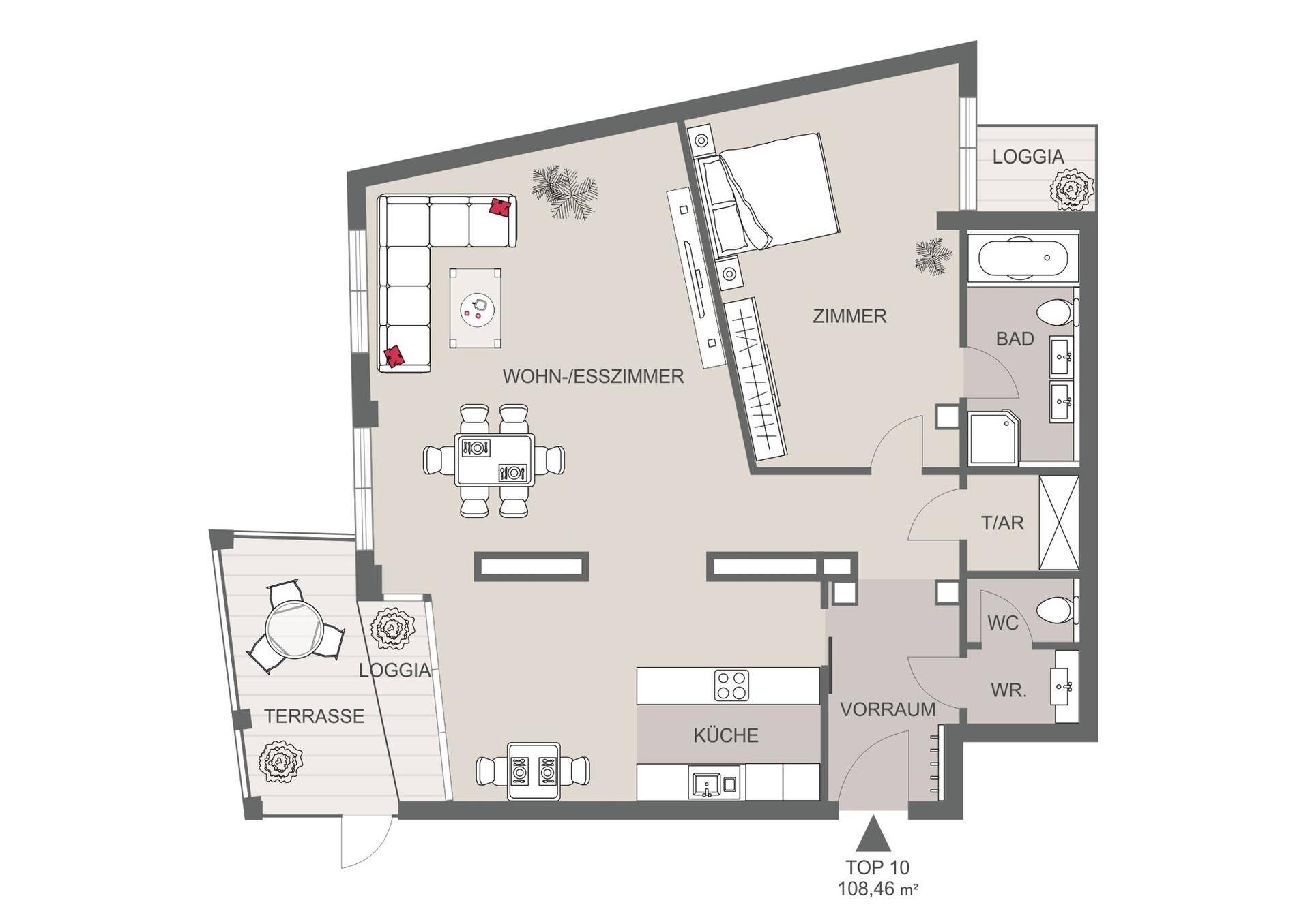 Grundriss einer Wohnung mit Wohn-Esszimmer, Küche, Schlafzimmer, Bad und zwei Loggien.