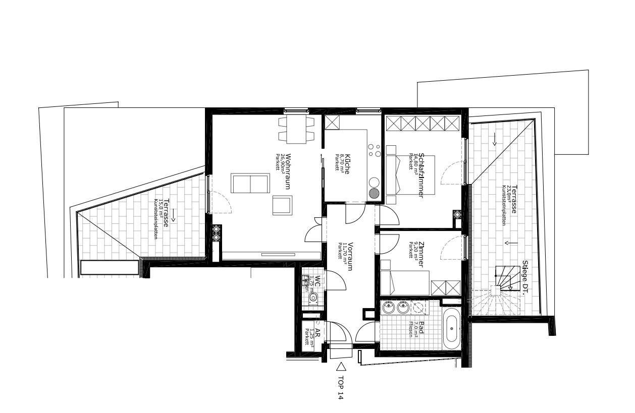 Grundriss einer Wohnung mit offenem Wohnbereich, zwei Terrassen, zwei Schlafzimmern und separatem WC.