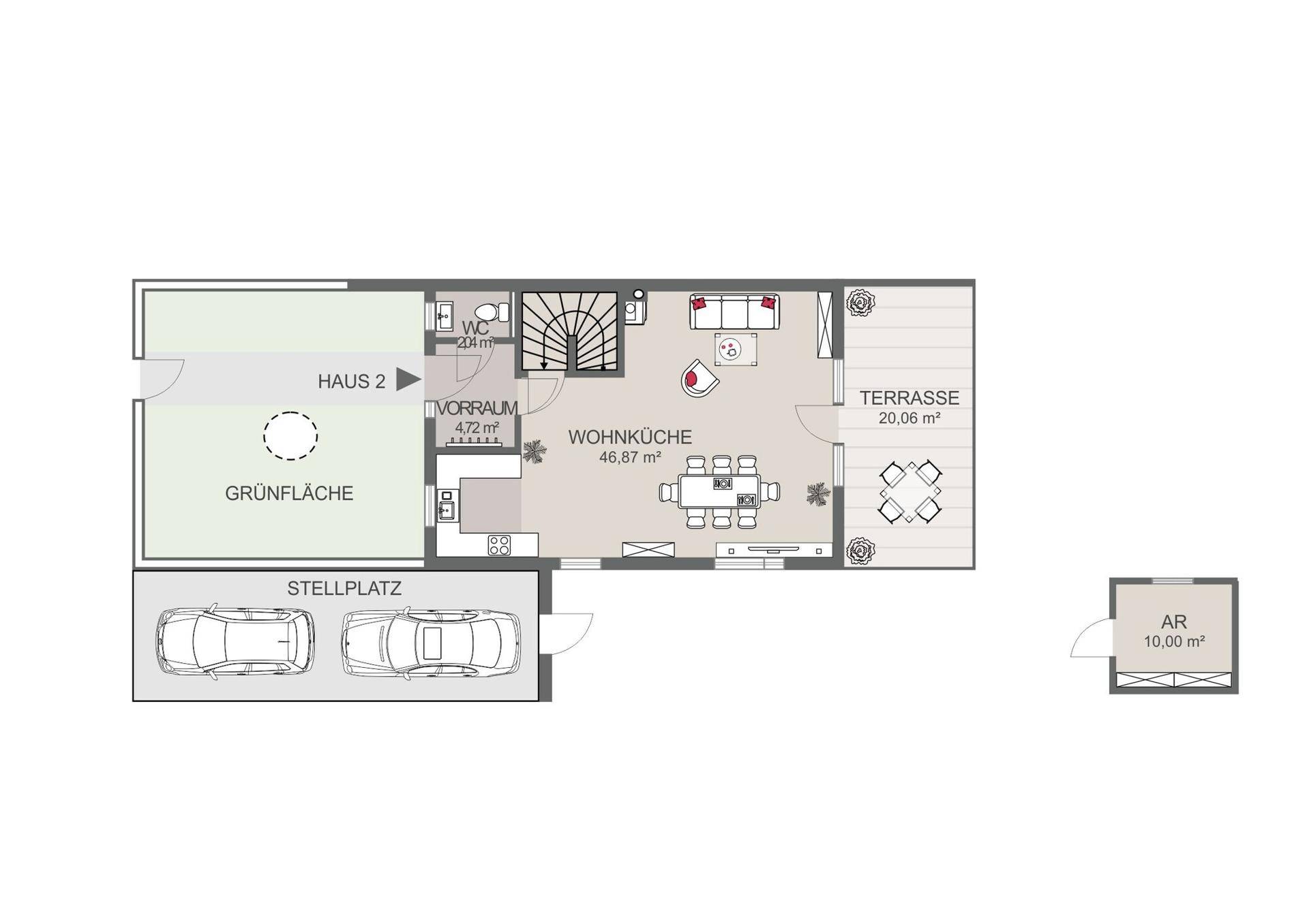 Grundriss des Erdgeschosses mit offener Wohnküche, Terrasse und Stellplätzen.