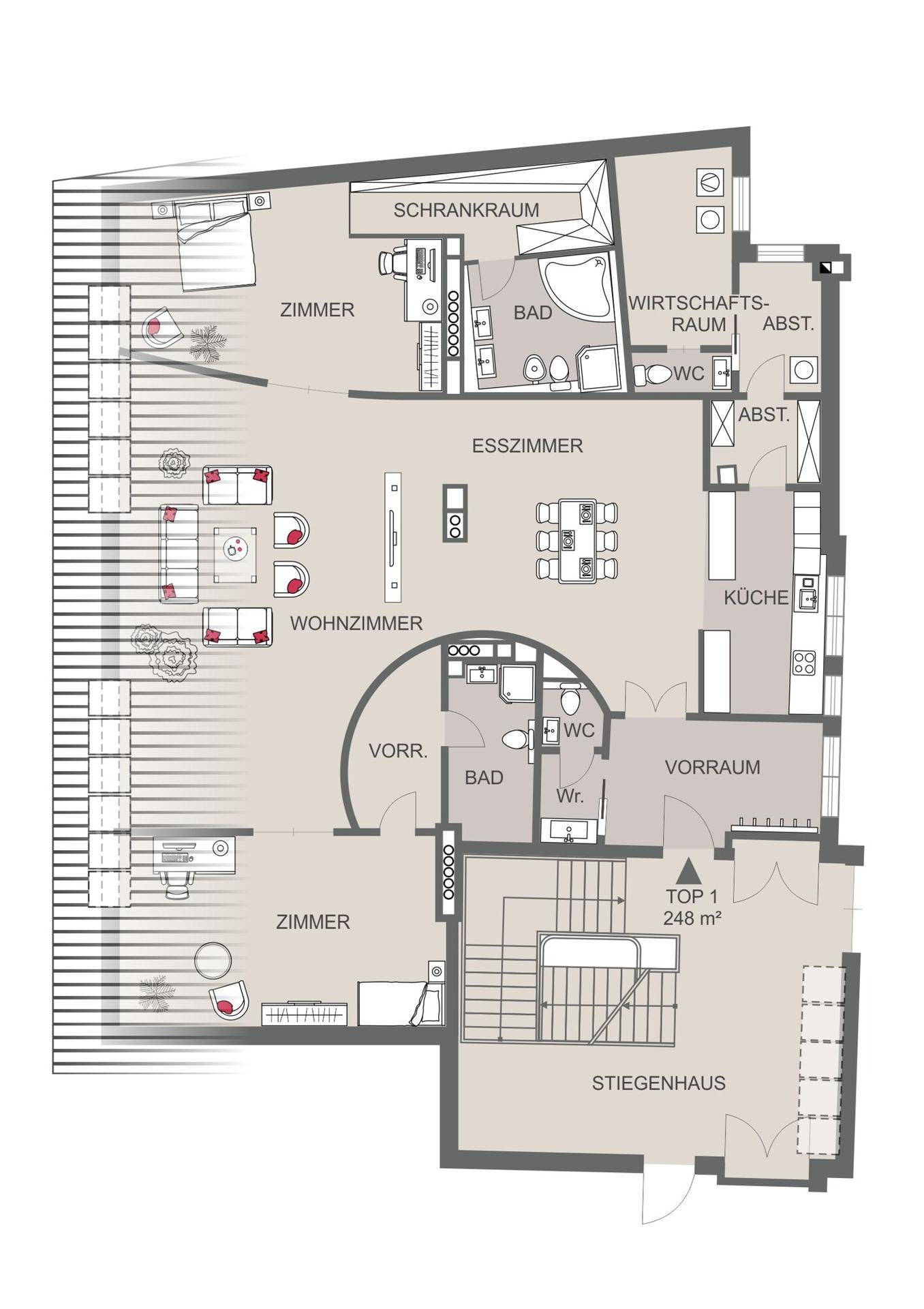 Detaillierter Grundriss einer Wohnung mit mehreren Zimmern, Bädern und einem großen Wohnbereich.