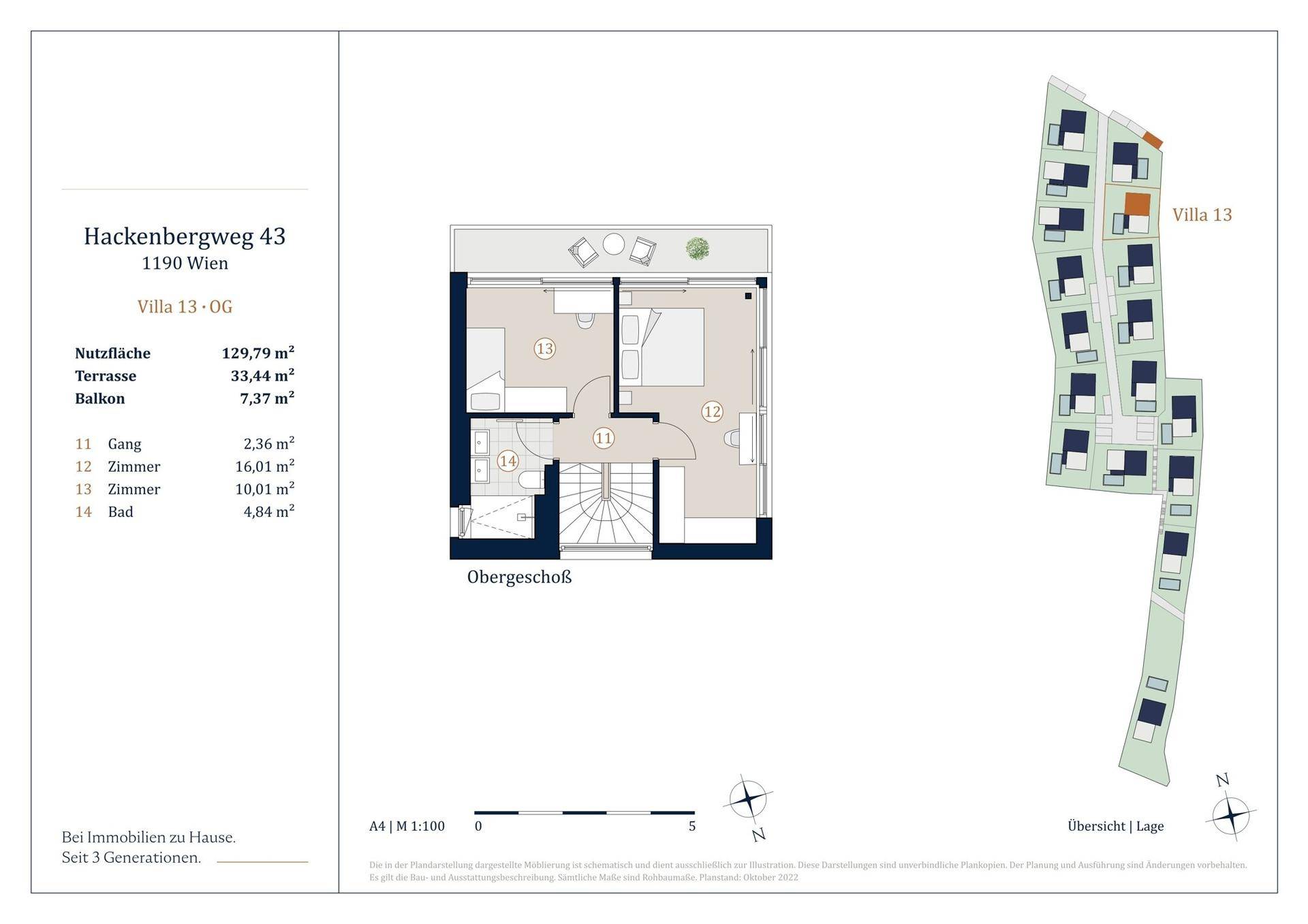 Grundriss des Obergeschosses der Villa 13 mit drei Zimmern, Bad und Balkon.