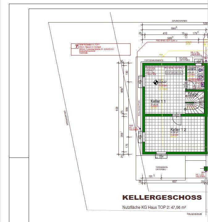 Grundriss des Kellergeschosses mit zwei Kellerräumen und einem Hauswirtschaftsraum.