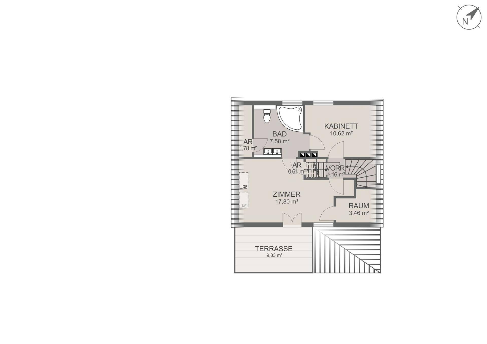 Grundriss des Obergeschosses mit Schlafzimmer, Bad und Terrasse.