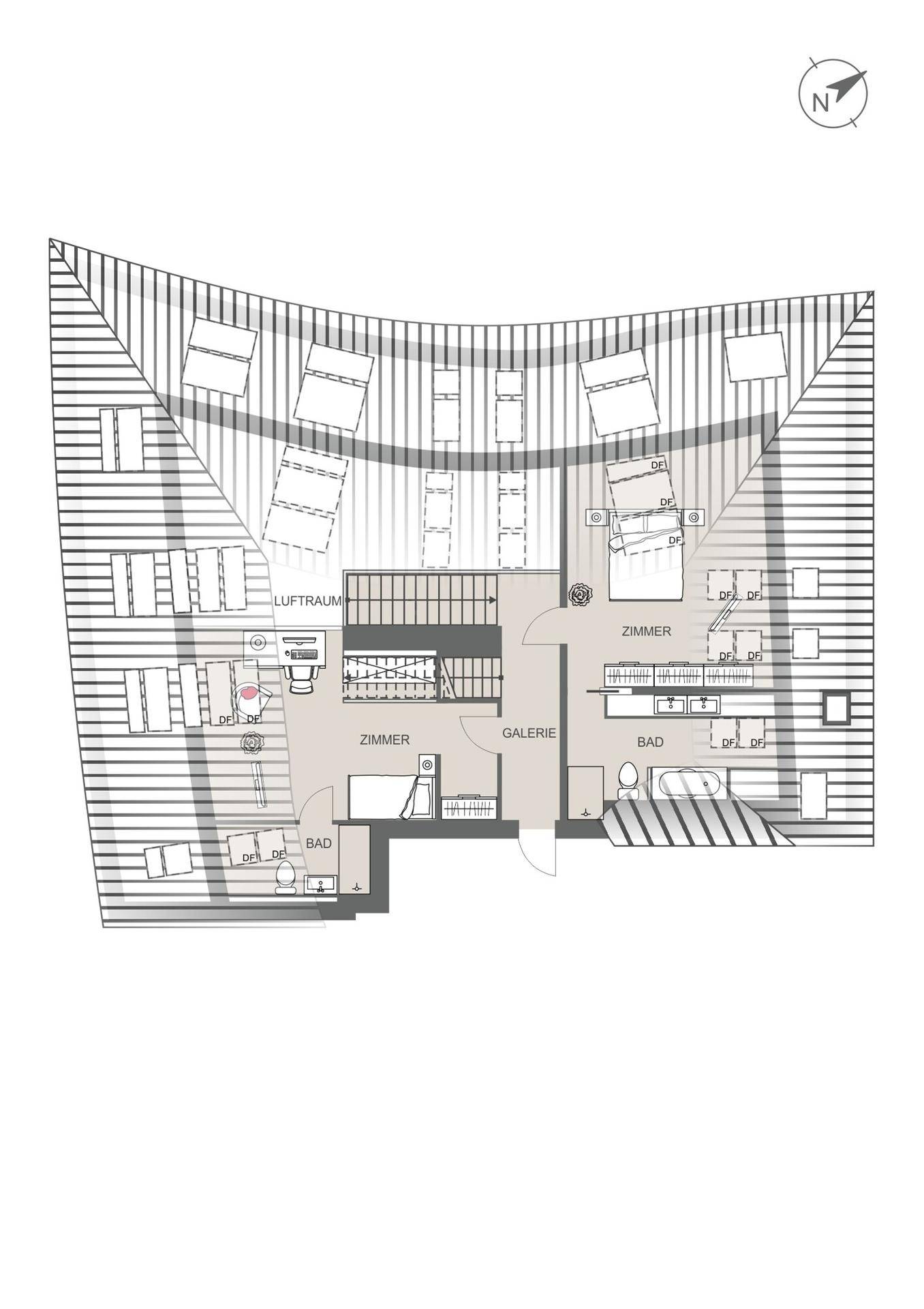 Grundriss der oberen Ebene mit Galerie, weiteren Zimmern und Bädern sowie Außenbereichen.