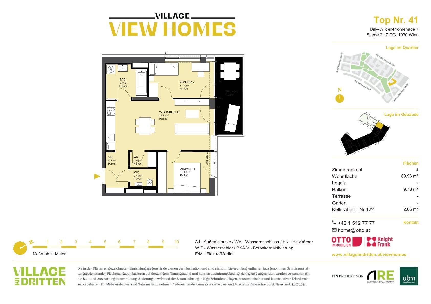 Detaillierter Grundriss einer Wohnung mit Wohnküche, zwei Schlafzimmern, Bad, separatem WC und Loggia.