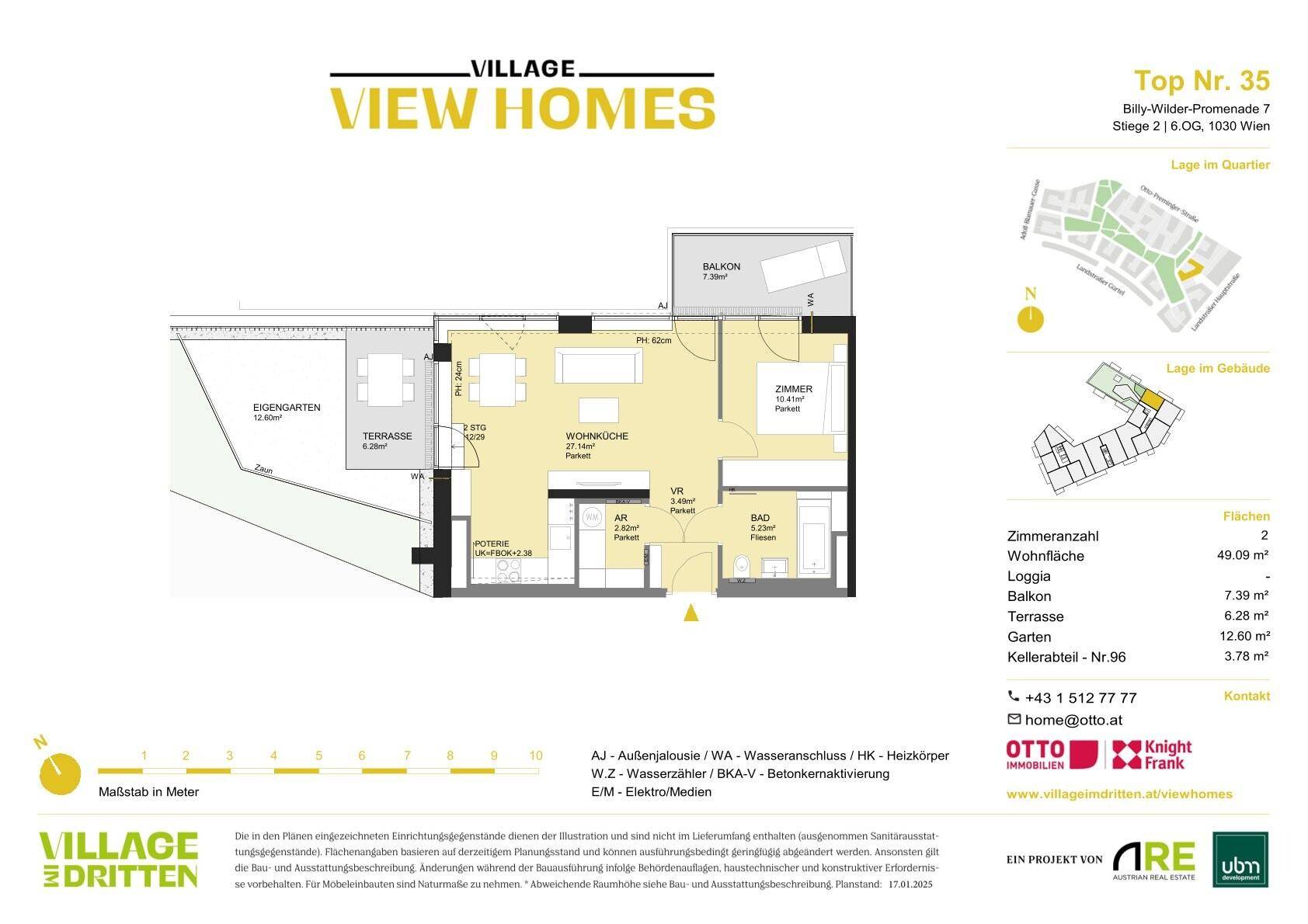 Detaillierter Grundriss einer Wohnung mit Terrasse, Garten und Balkon.