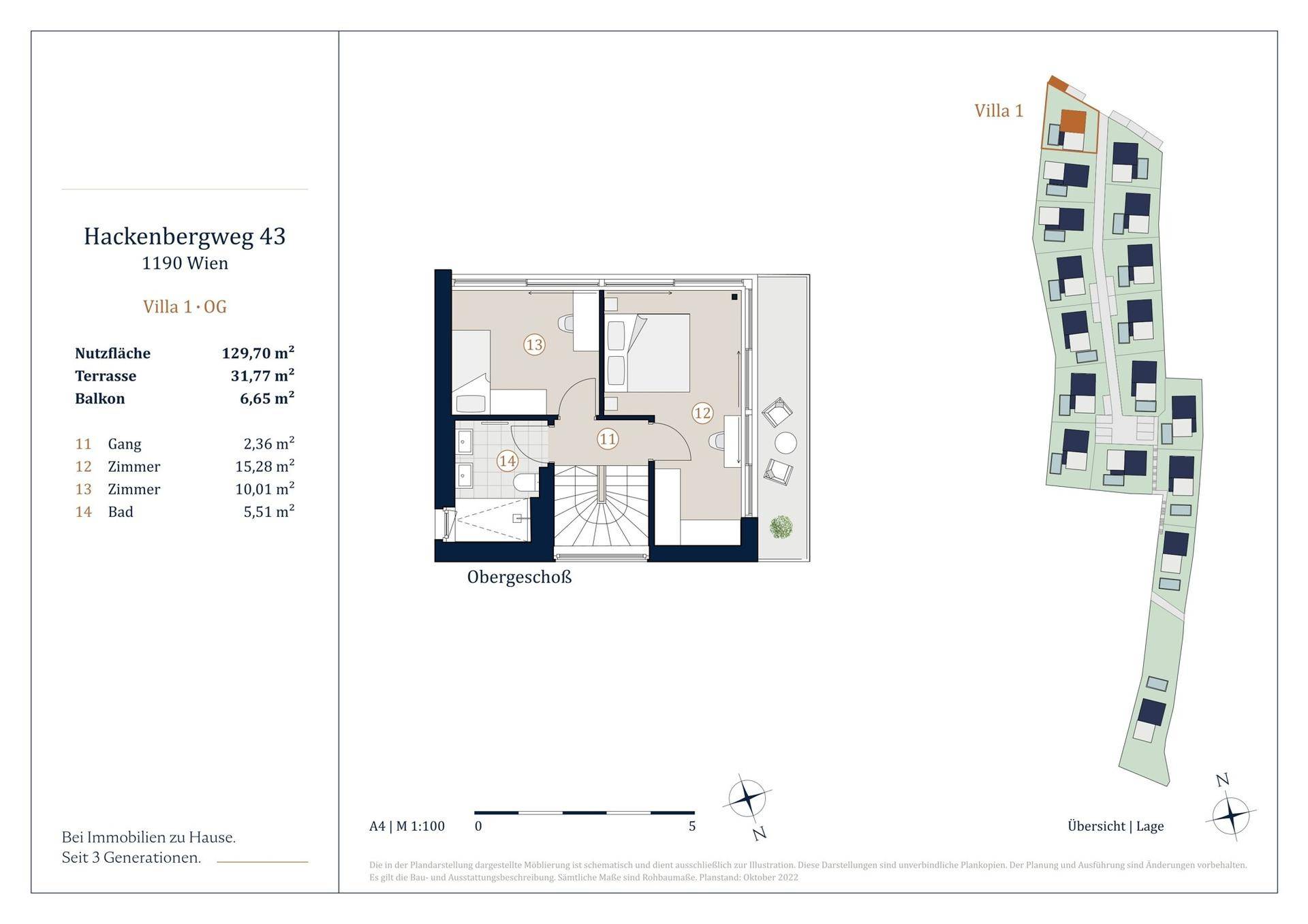 Grundriss des Obergeschosses der Villa 1 mit Schlafzimmern und Badezimmer, sowie Lageübersicht.