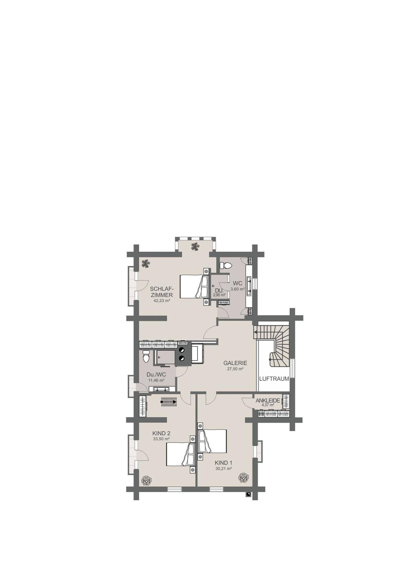 Grundriss des Obergeschosses mit Schlafzimmern, Bädern und Galerie.