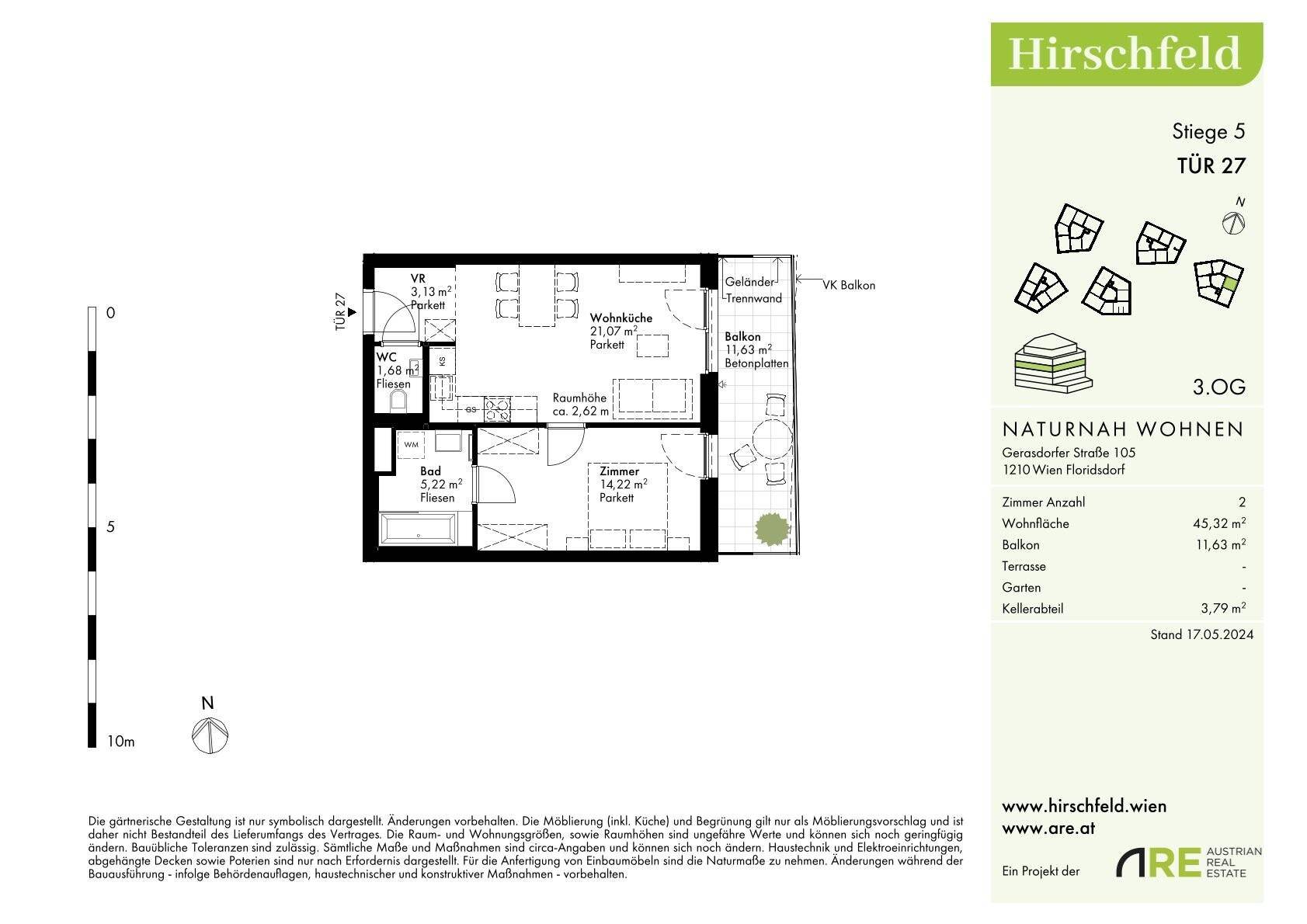 Detaillierter Grundriss einer Wohnung im 3. Obergeschoss mit Balkon und Kellerabteil.