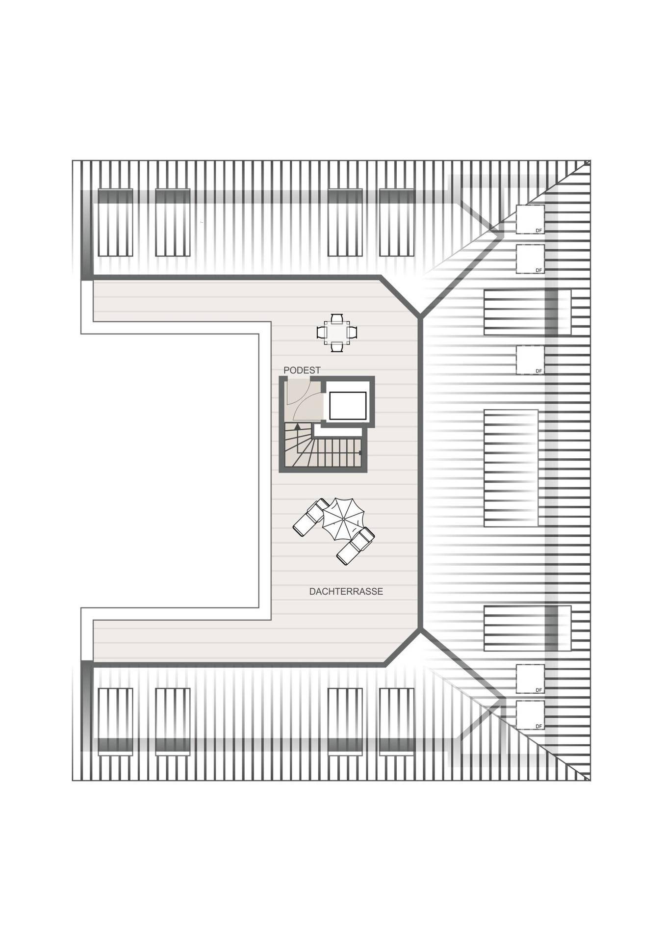 Grundriss der oberen Etage mit großer Dachterrasse und Zugang über ein Podest mit Treppe.