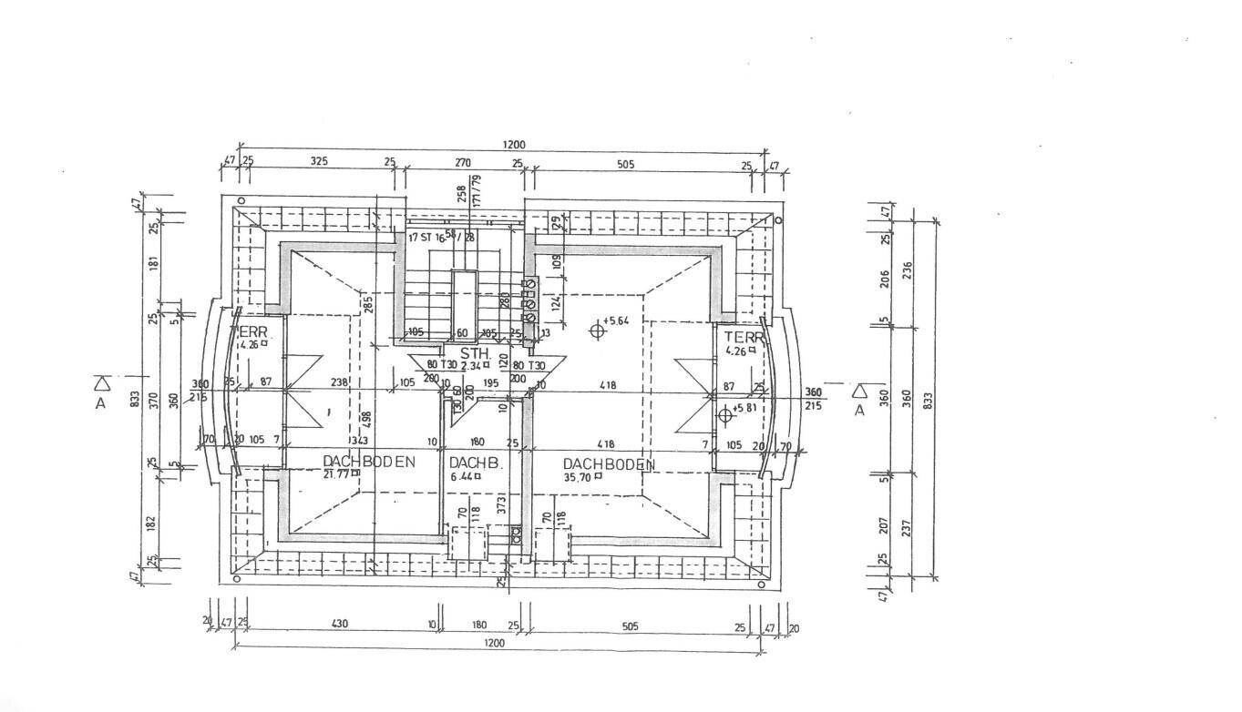 Grundriss des Dachgeschosses mit zwei Dachterrassen und Dachbodenbereichen.