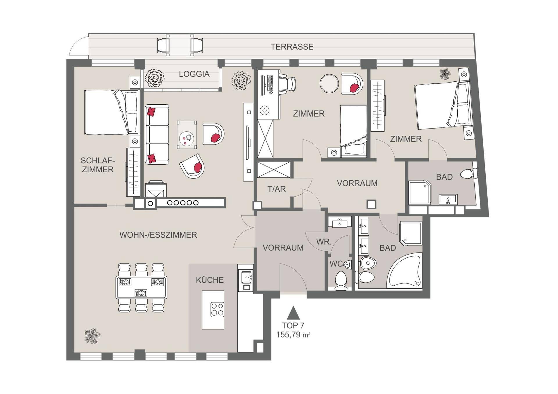 Detaillierter Grundriss einer Wohnung mit Wohn-Esszimmer, Küche, Schlafzimmern und Terrasse.