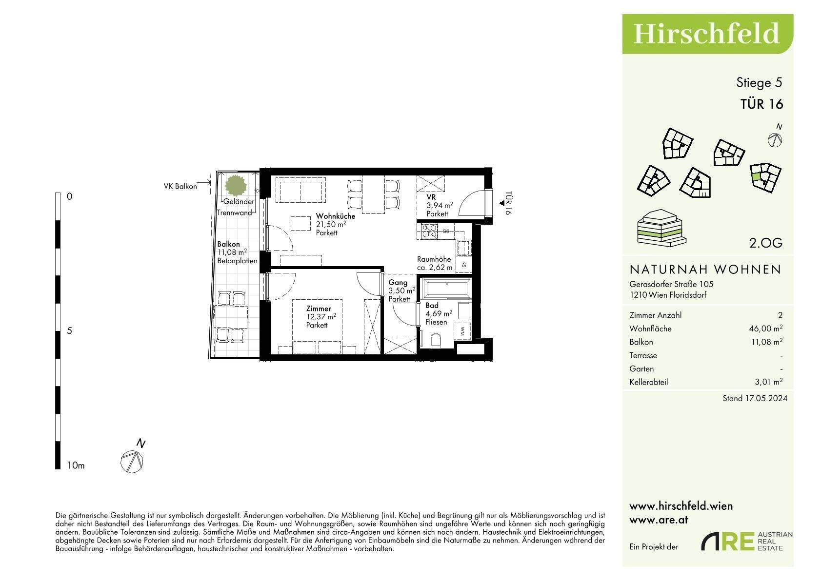 Grundriss einer Wohnung mit zwei Zimmern, Balkon und Kellerabteil auf 46m² Wohnfläche.
