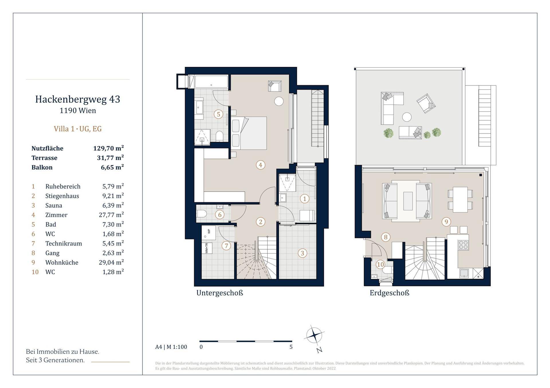 Grundriss der Villa 1 mit Untergeschoss und Erdgeschoss, inklusive Sauna und Terrassenzugang.