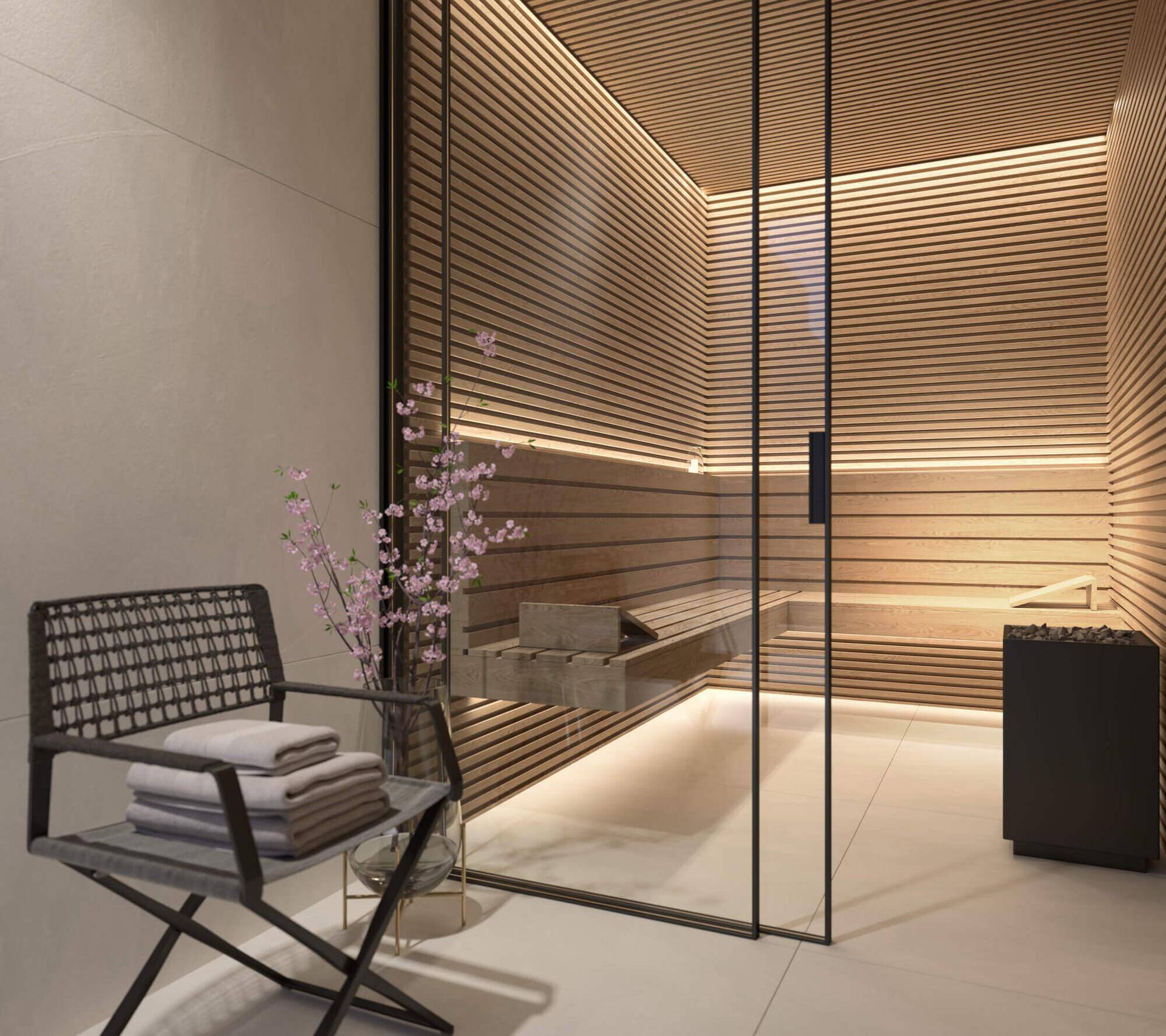 Moderne Sauna mit Holzverkleidung und Glasfront für entspannende Wellnessmomente.