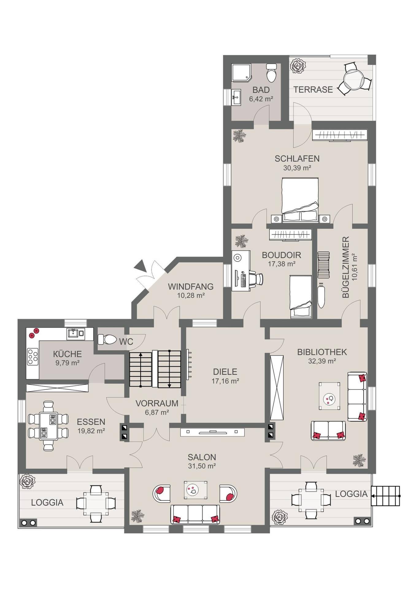 Grundriss des Erdgeschosses mit Wohnbereich, Küche, Schlafzimmer und Terrasse.