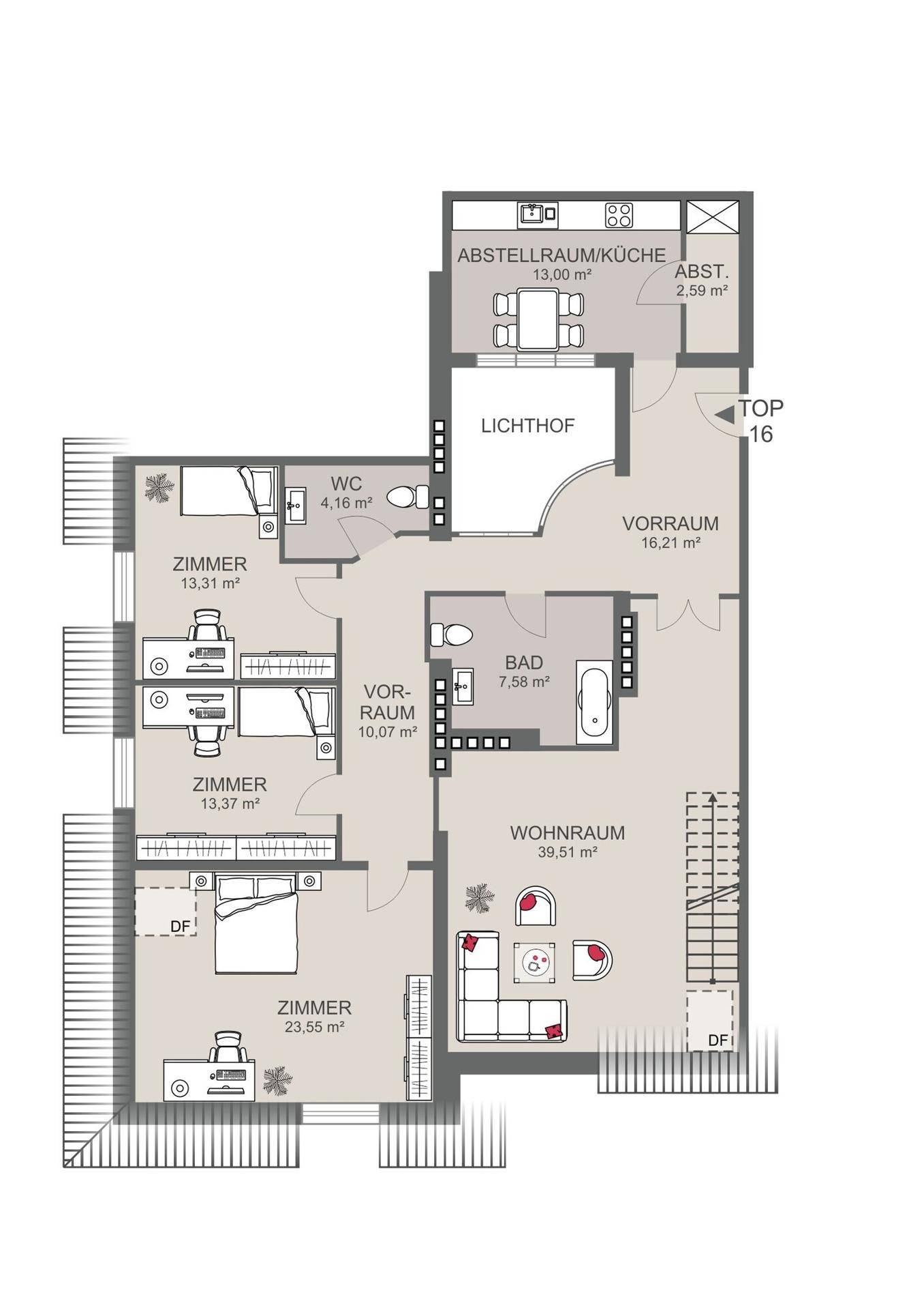 Detaillierter Grundriss einer Wohnung mit mehreren Zimmern, Bad und offenem Wohnbereich.