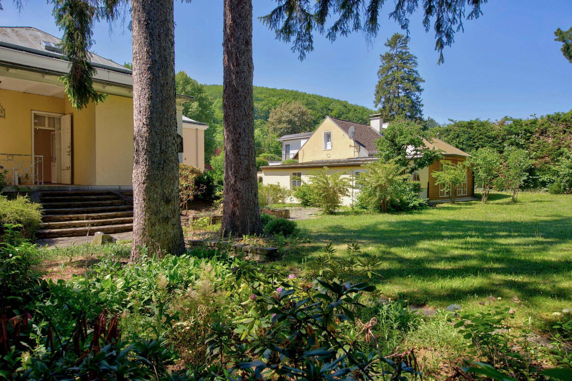 Weitläufiger Garten mit altem Baumbestand und Blick auf die umliegenden Gebäude.