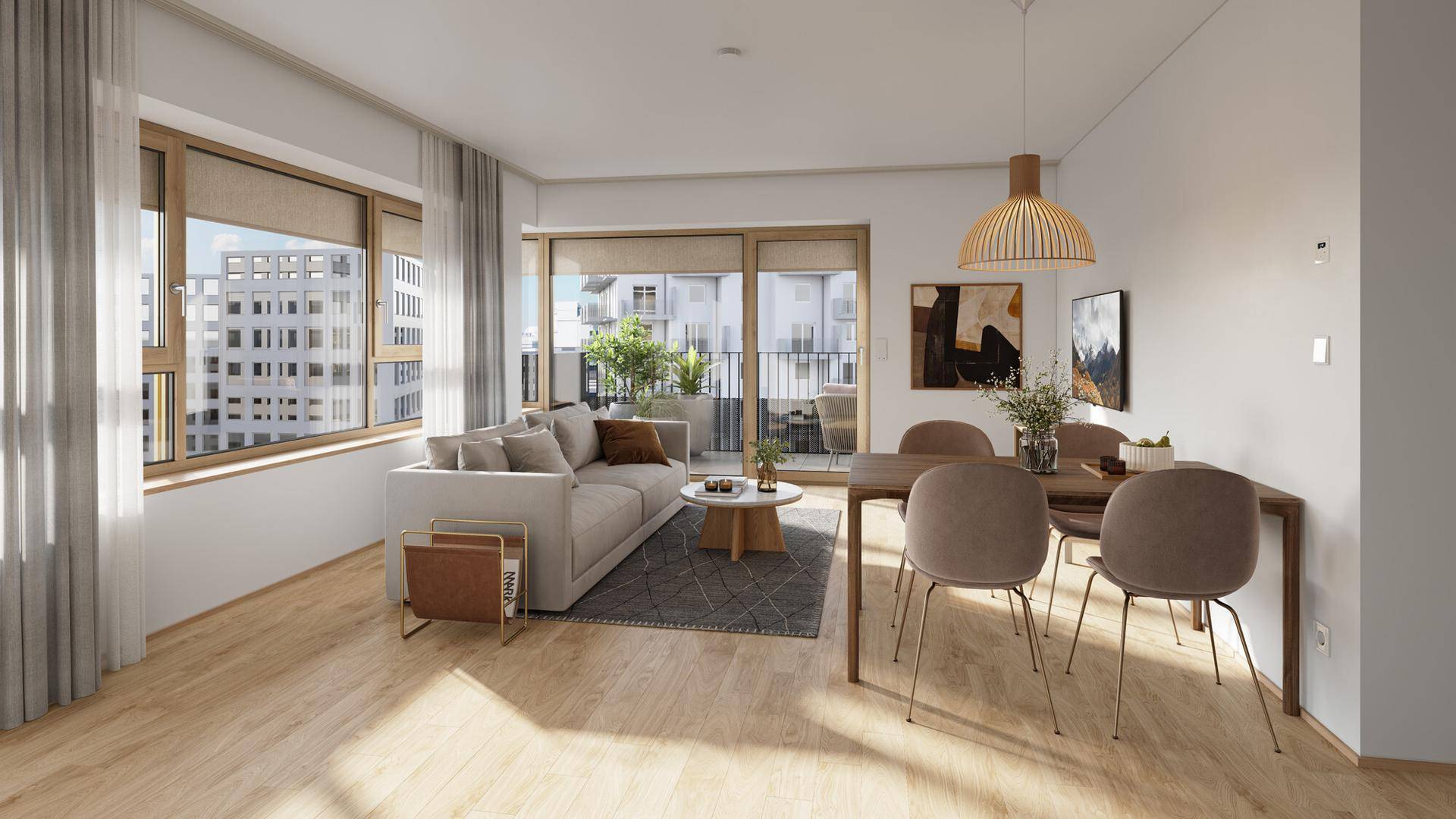 Heller Wohn-Essbereich mit Holzboden, modernem Mobiliar und Zugang zu einem Balkon.