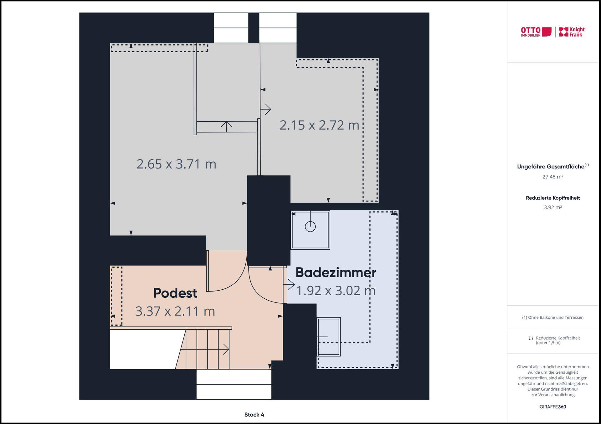 Grundriss des dritten Stocks mit einem Badezimmer und Bereichen mit reduziertem Kopffreiraum unter dem Dach.