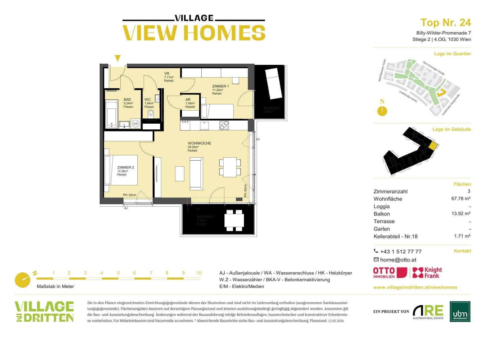 Grundriss einer Wohnung mit offenem Wohn-Essbereich, zwei Schlafzimmern, Bad, separatem WC und Balkon.