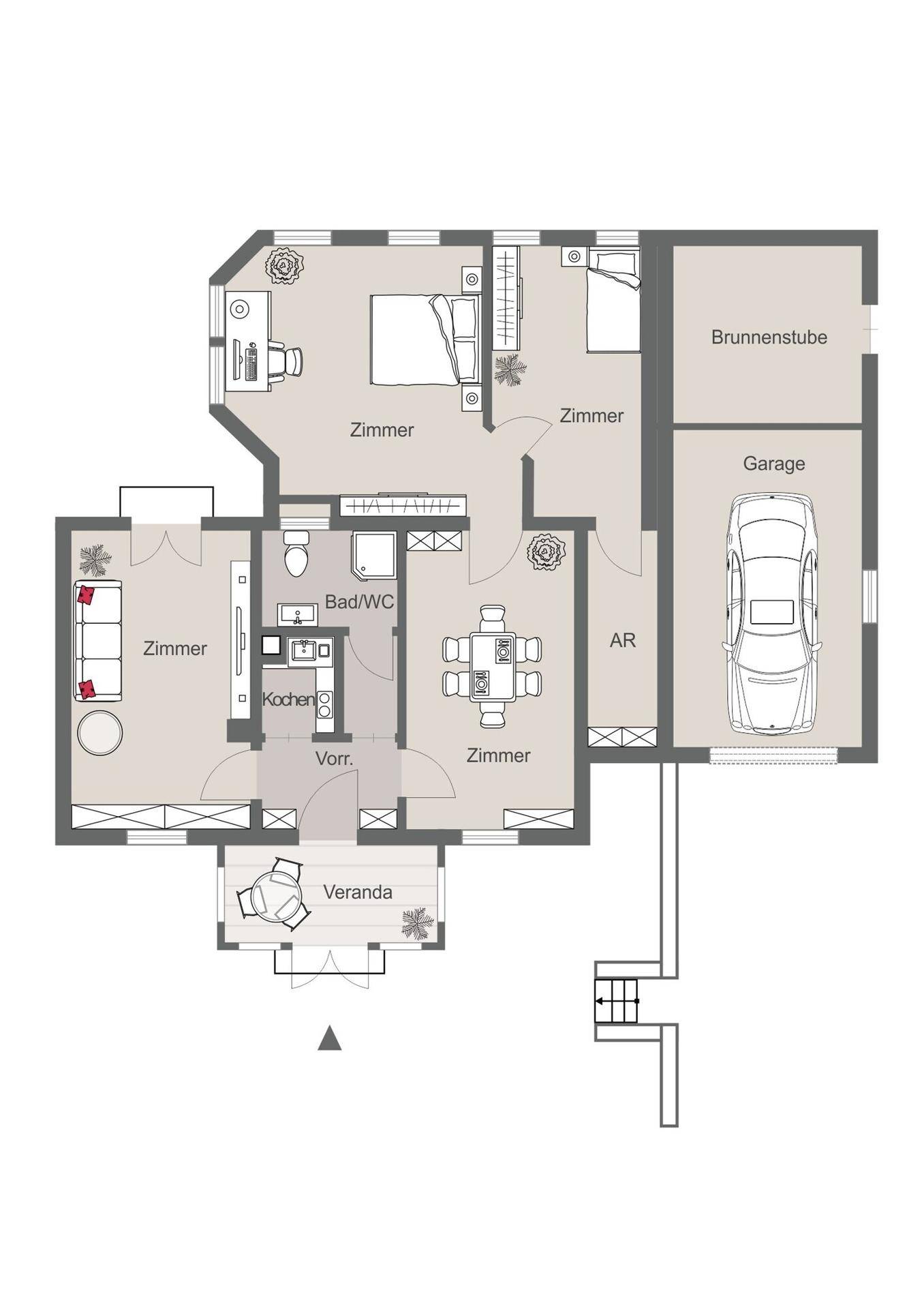Grundriss des Erdgeschosses mit mehreren Zimmern, Küche, Bad, Garage und einer Veranda.