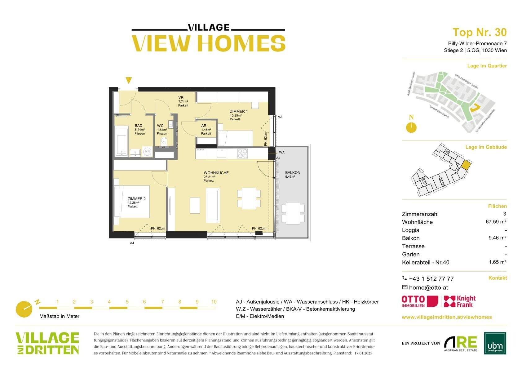Grundriss einer 3-Zimmer-Wohnung mit offener Wohnküche, zwei Schlafzimmern, Bad, separatem WC und Balkon.