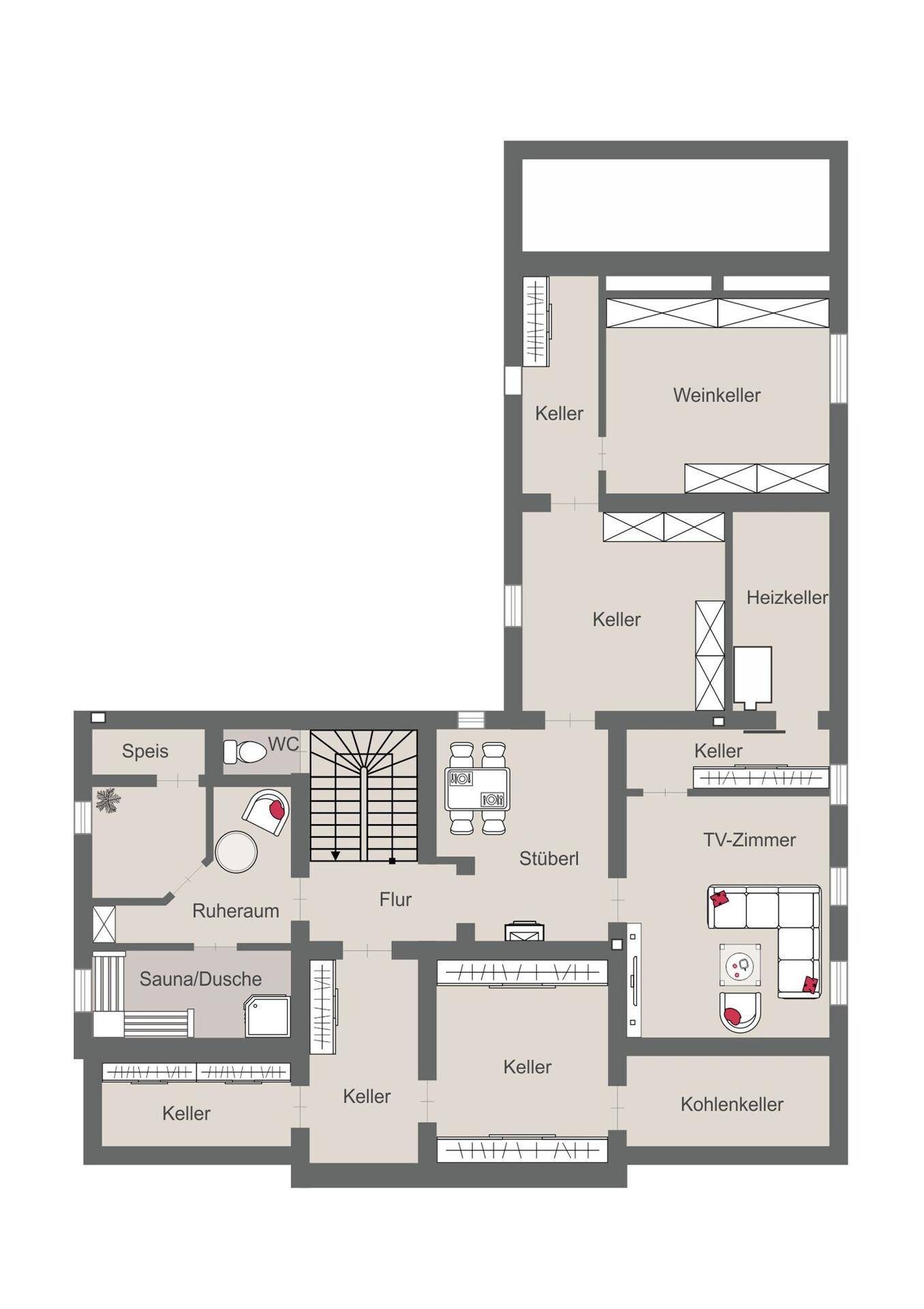 Grundriss des Untergeschosses mit Weinkeller, Sauna, TV-Zimmer und mehreren Kellerräumen.