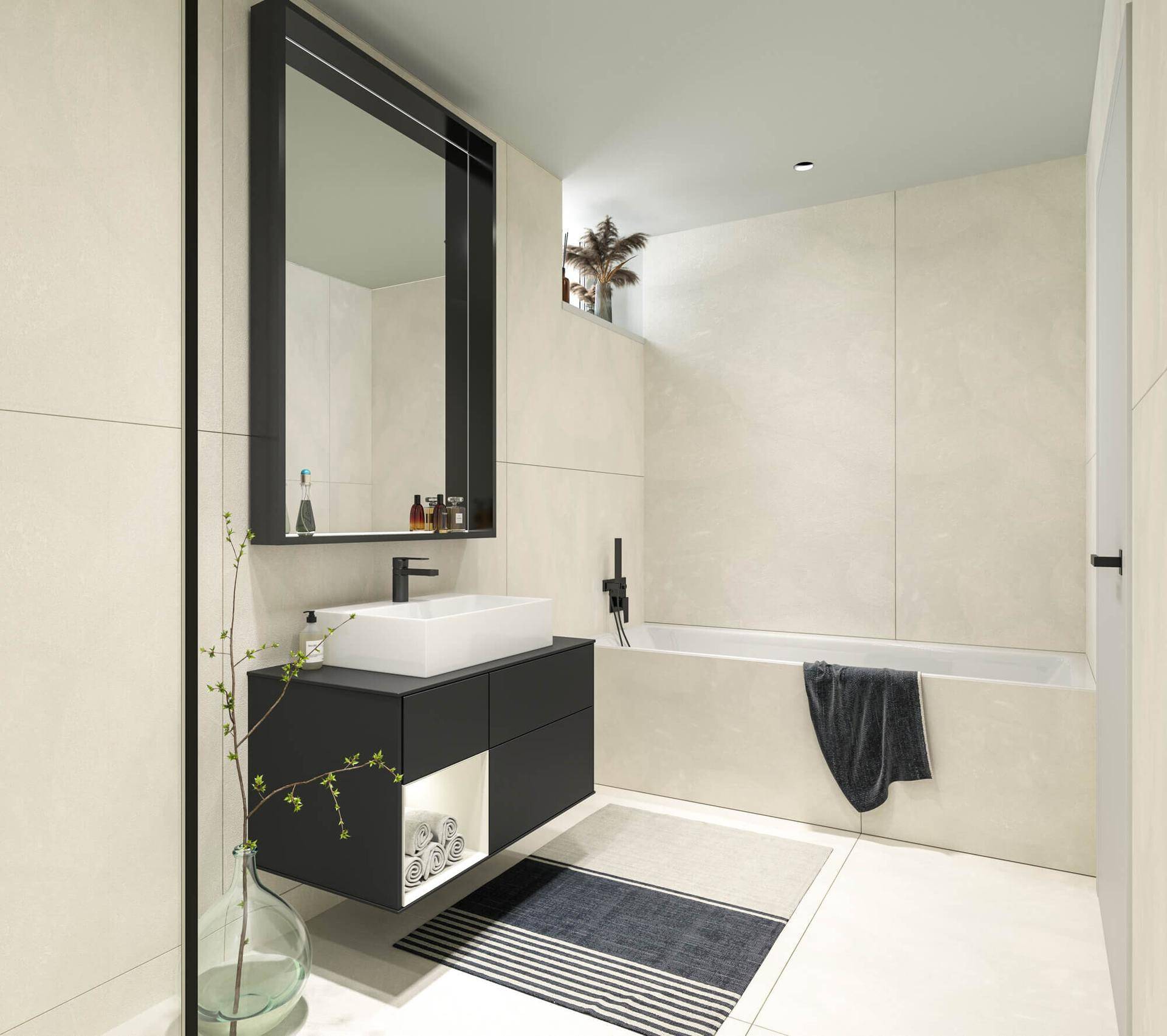 Modernes Badezimmer mit schwebendem Waschtisch, großem Spiegel und integrierter Badewanne.