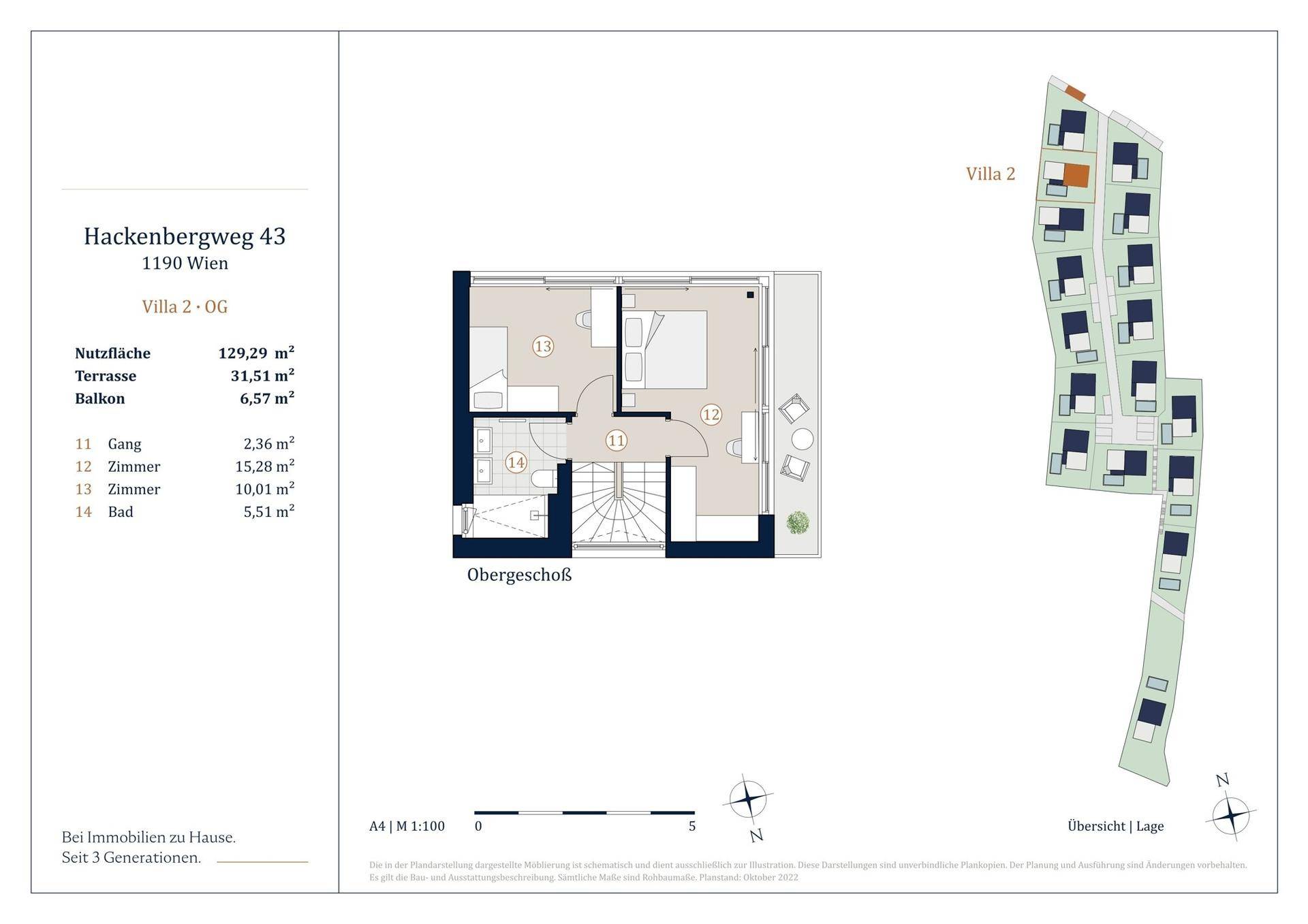 Grundriss des Obergeschosses der Villa 2 mit Schlafzimmern und Bad, sowie Lageübersicht.