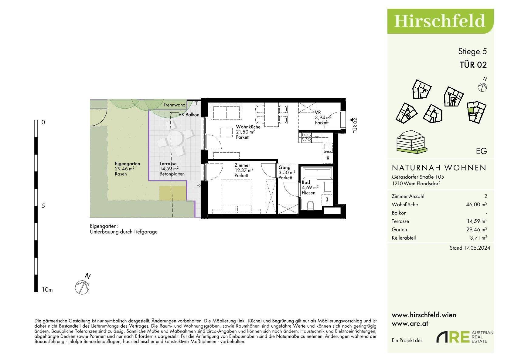 Grundriss einer Wohnung mit offenem Wohnbereich, Schlafzimmer, Bad, WC, Balkon, Terrasse und Garten.
