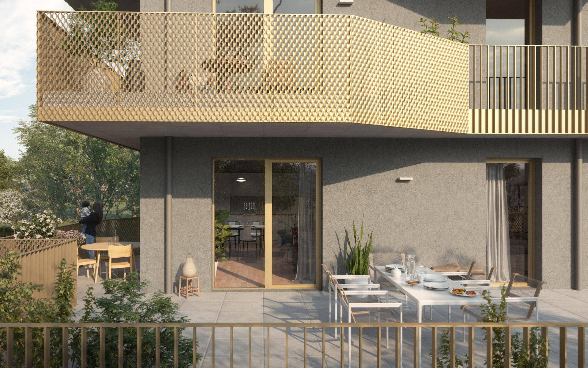 Eine geräumige Terrasse mit Esstisch und Stühlen, ideal für Mahlzeiten im Freien.