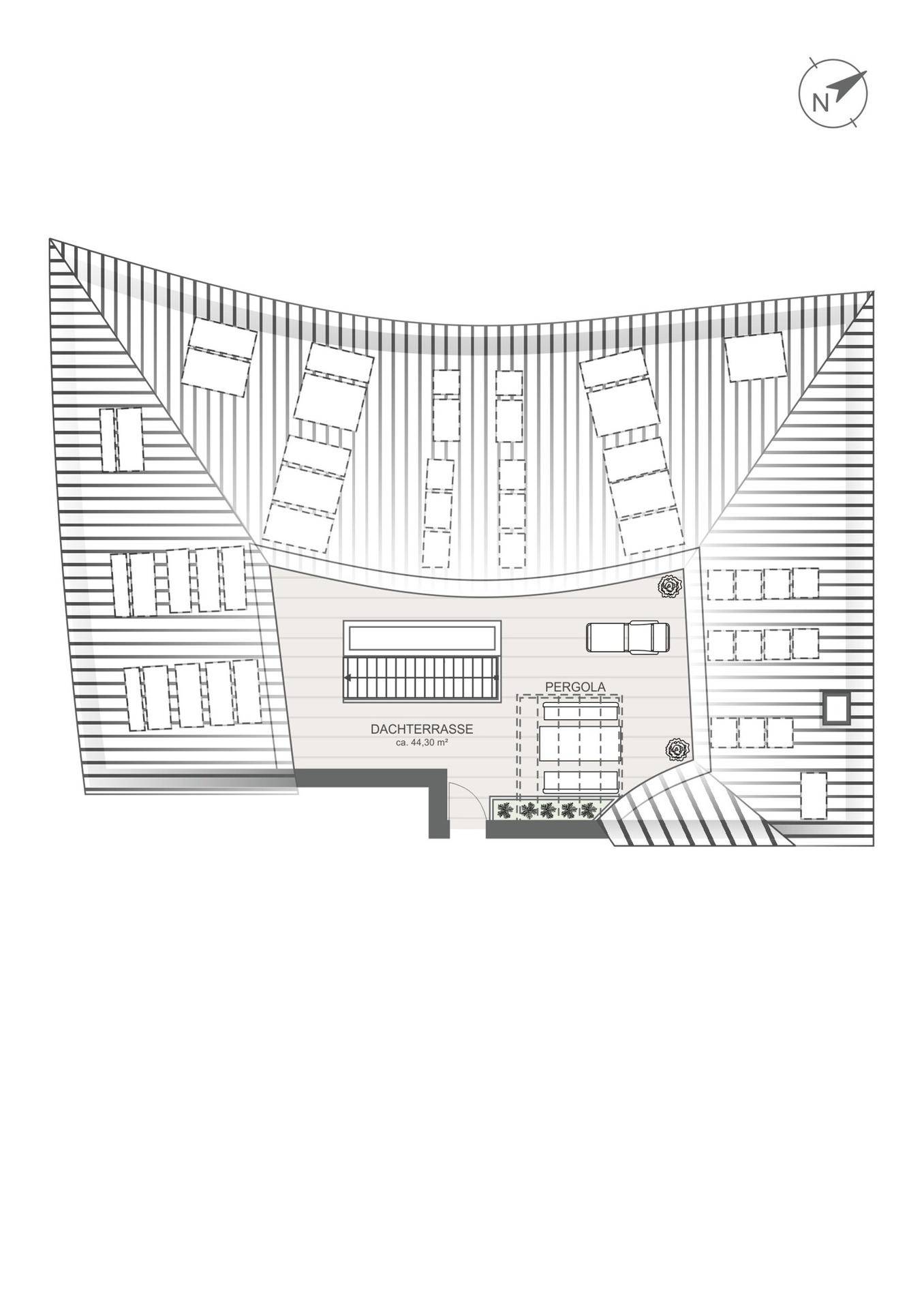 Grundriss der Dachterrasse mit Pergola und weitläufigen Außenbereichen.