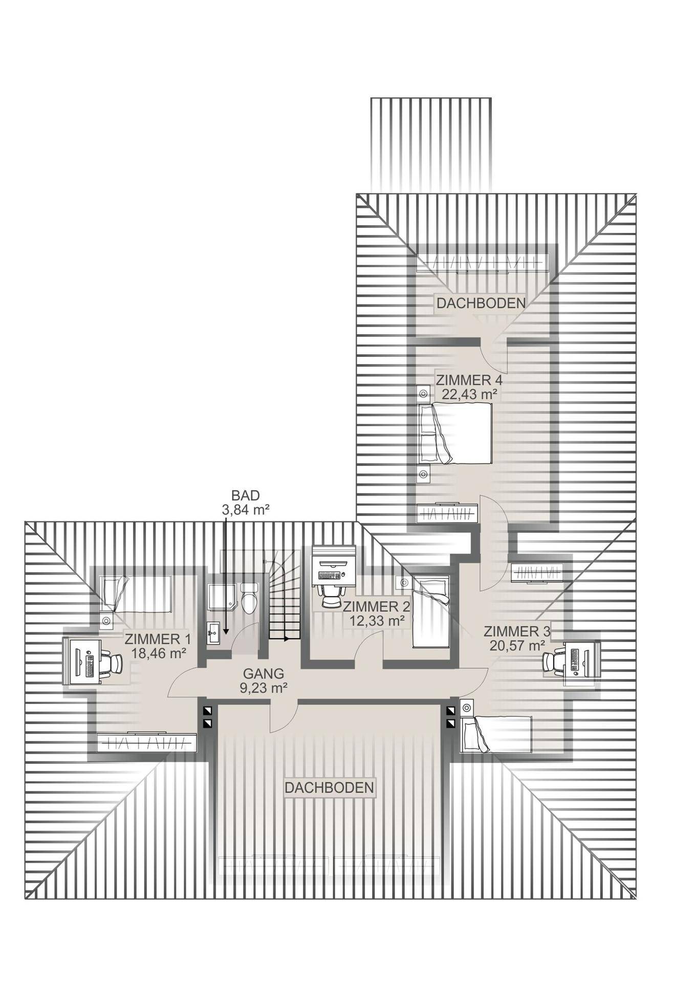 Grundriss des Obergeschosses mit mehreren Zimmern und Dachbodenbereichen.