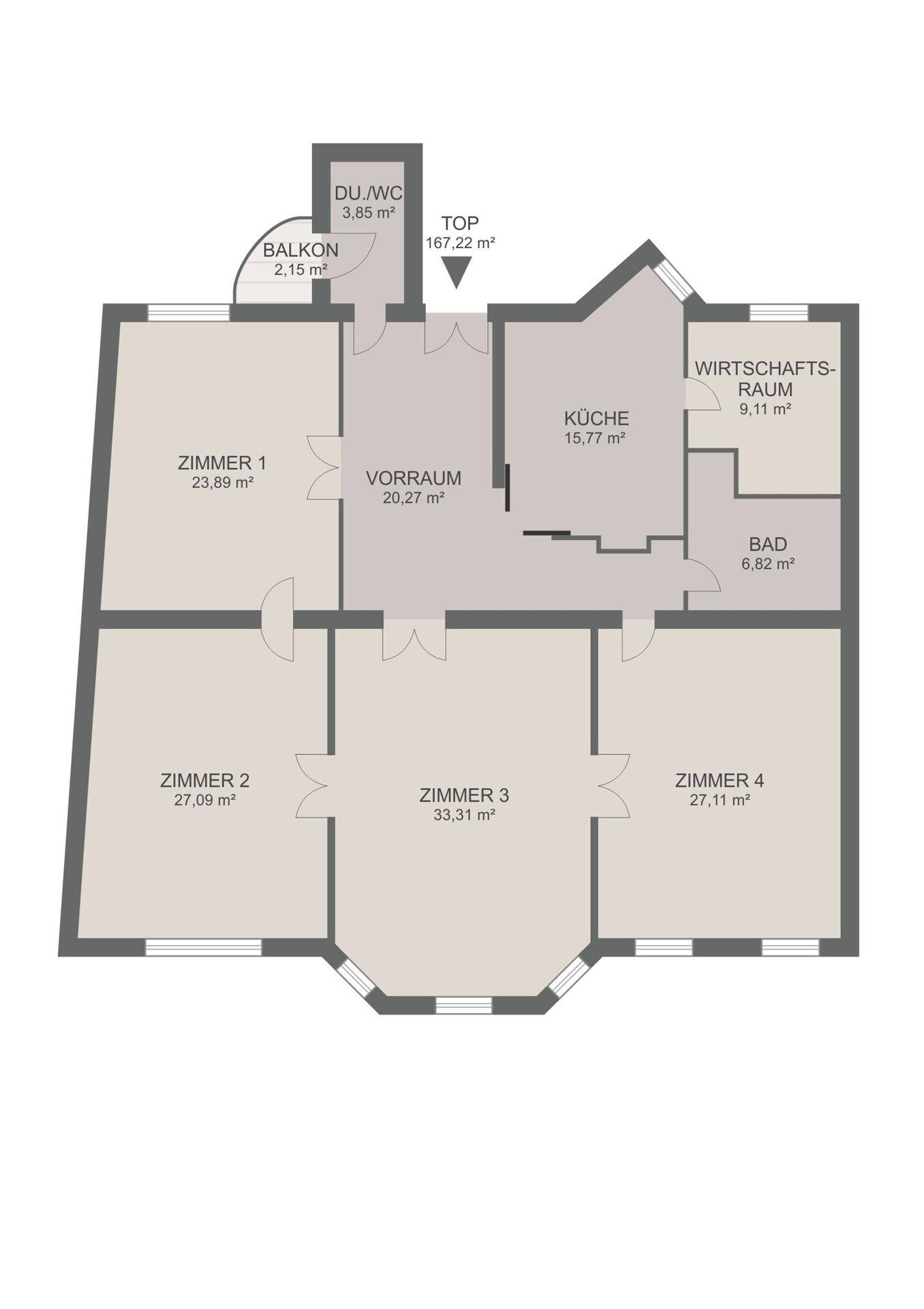 Grundriss der Wohnung mit vier Zimmern, Küche, Bad und Balkon, Gesamtfläche 167,22 m².