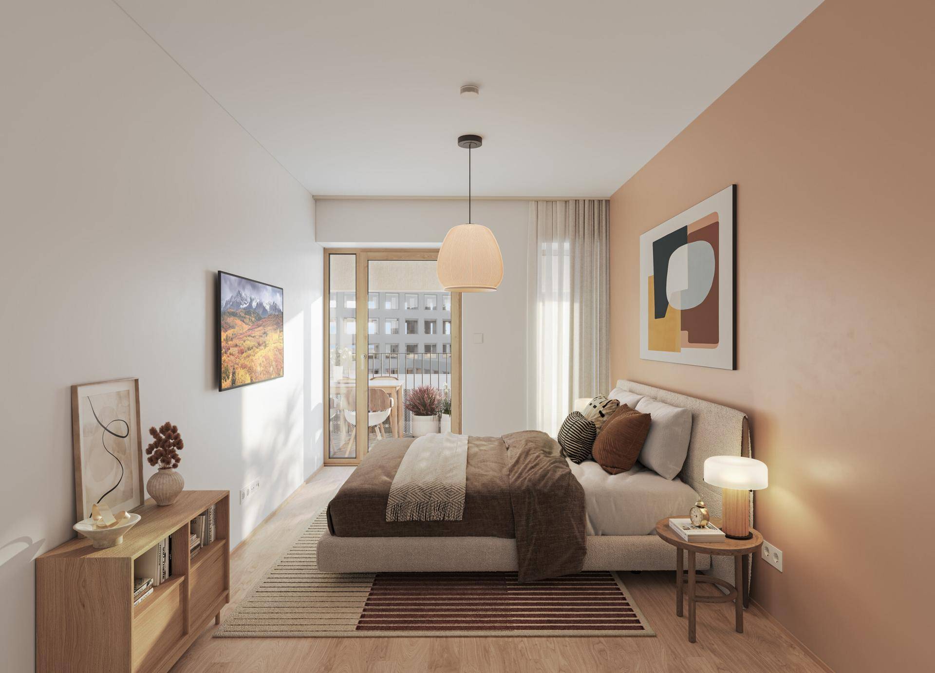 Gemütliches Schlafzimmer mit modernem Design, Zugang zum Balkon und viel natürlichem Licht.