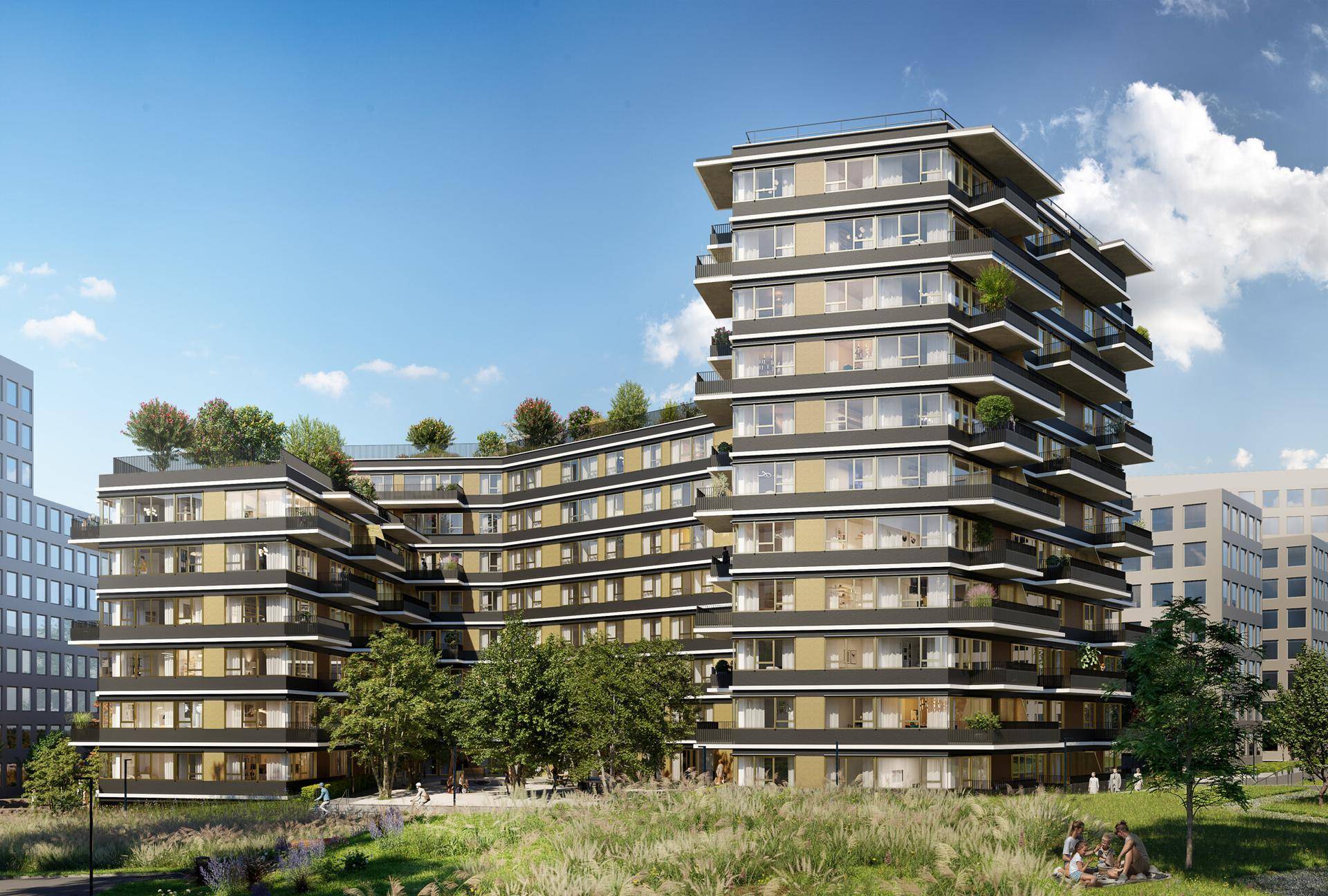 Moderne Wohnanlage mit gestuften Balkonen und begrünten Dächern in einer Parklandschaft.