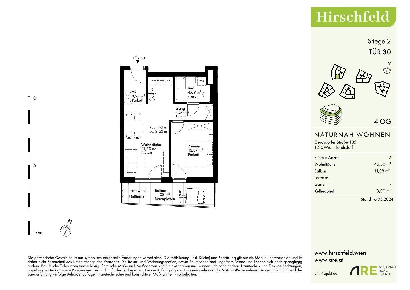 Grundriss einer Wohnung mit Wohnküche, Schlafzimmer, Bad, separatem WC und Balkon.